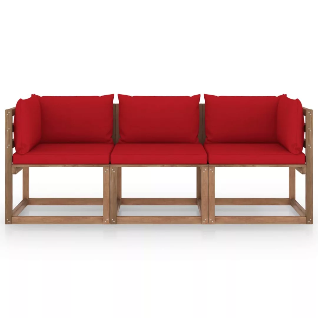 Garten-palettensofa 3-sitzer Mit Kissen Rot Kiefernholz günstig online kaufen