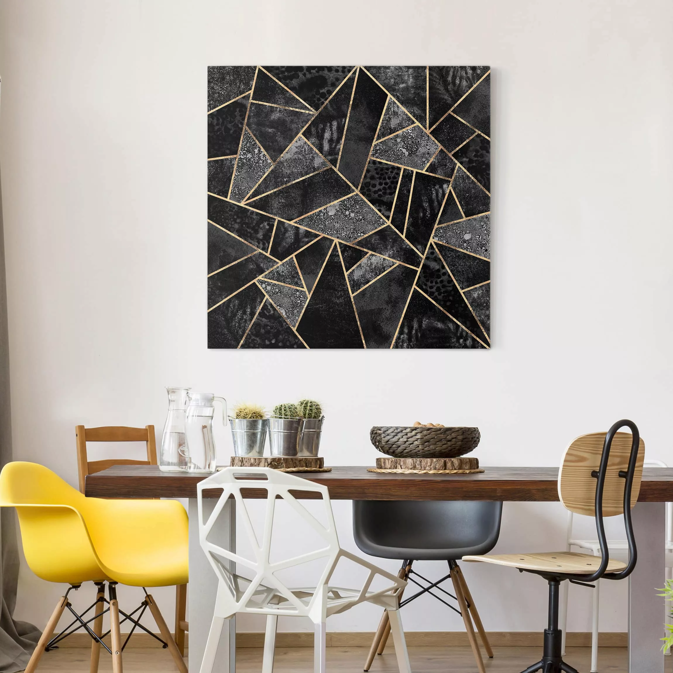 Leinwandbild Abstrakt - Quadrat Graue Dreiecke Gold günstig online kaufen