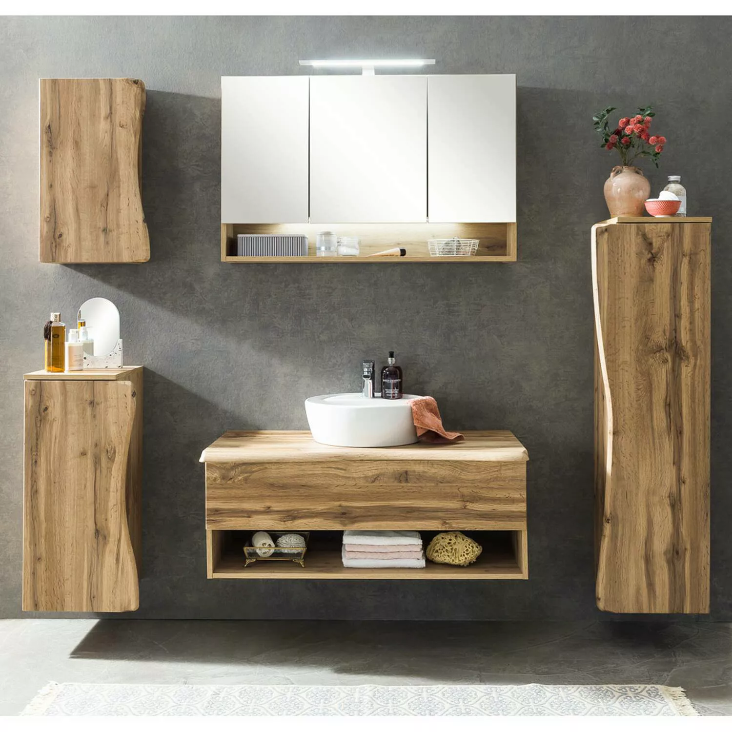 Badezimmer Set in Wotan Eiche Nb. mit Baumkantenoptik KAHLA-03 LED Spiegels günstig online kaufen