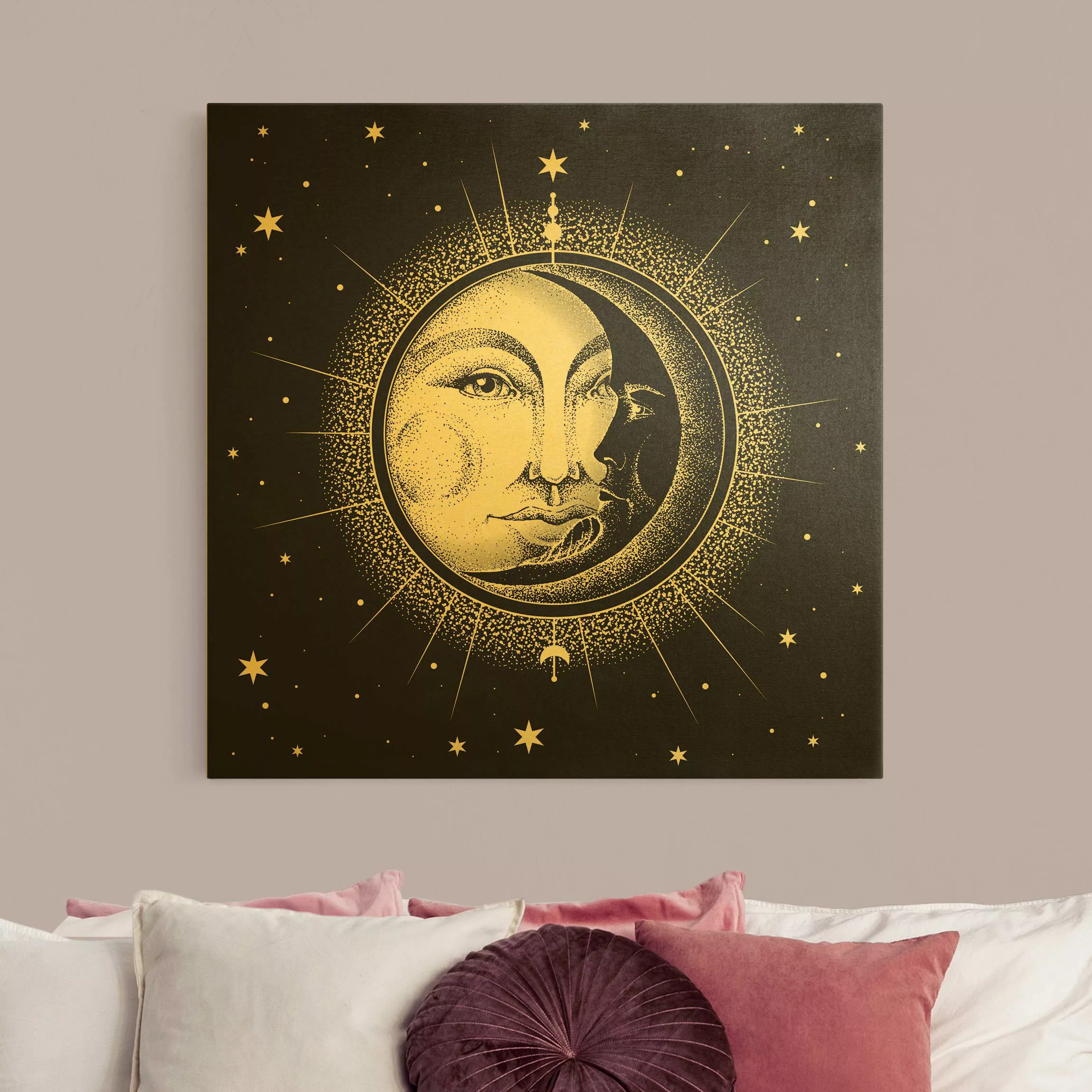 Leinwandbild Gold Vintage Sonne und Mond Illustration günstig online kaufen