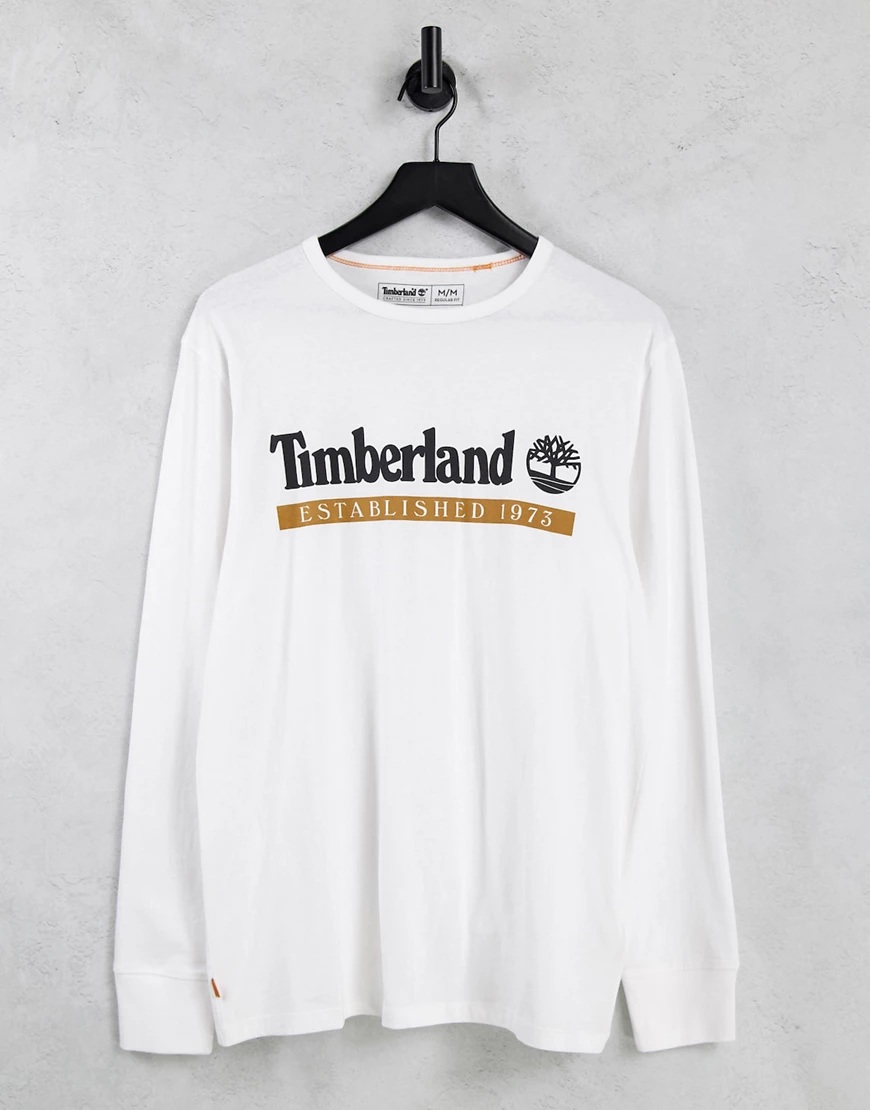 Timberland – Established 1973 – Langärmliges Shirt in Weiß günstig online kaufen