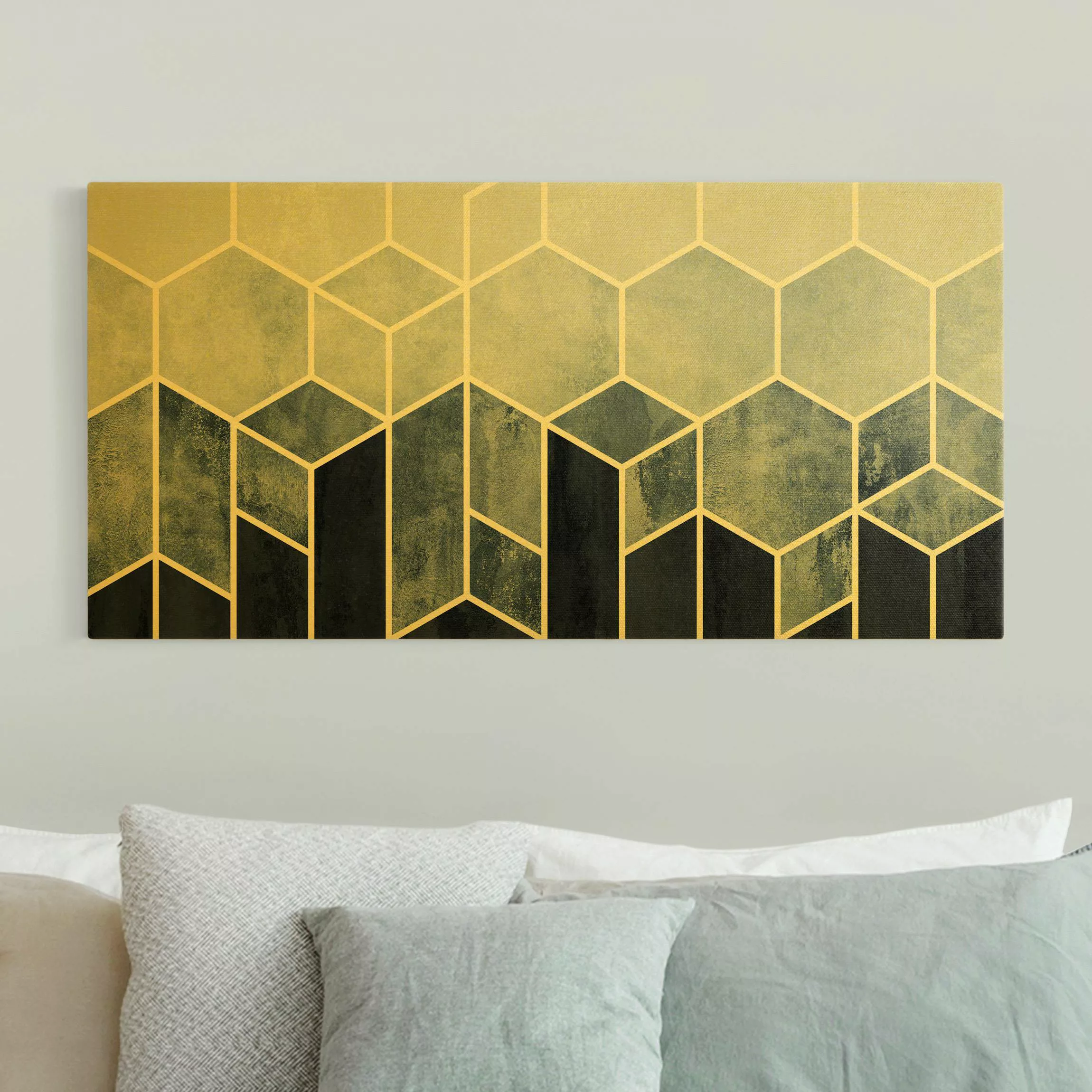 Leinwandbild Gold Goldene Geometrie - Sechsecke Blau Weiß günstig online kaufen