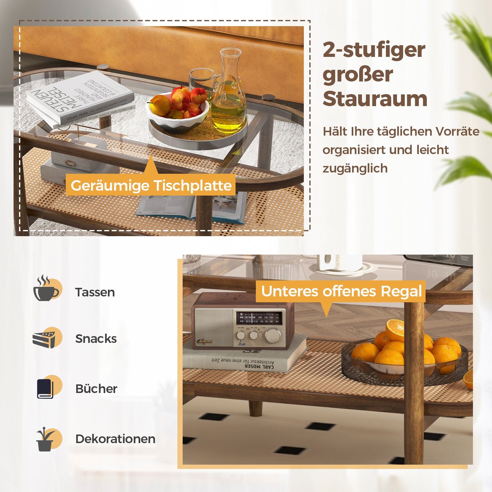 COSTWAY Couchtisch, Glas, Rattan, Holz Sofatisch günstig online kaufen