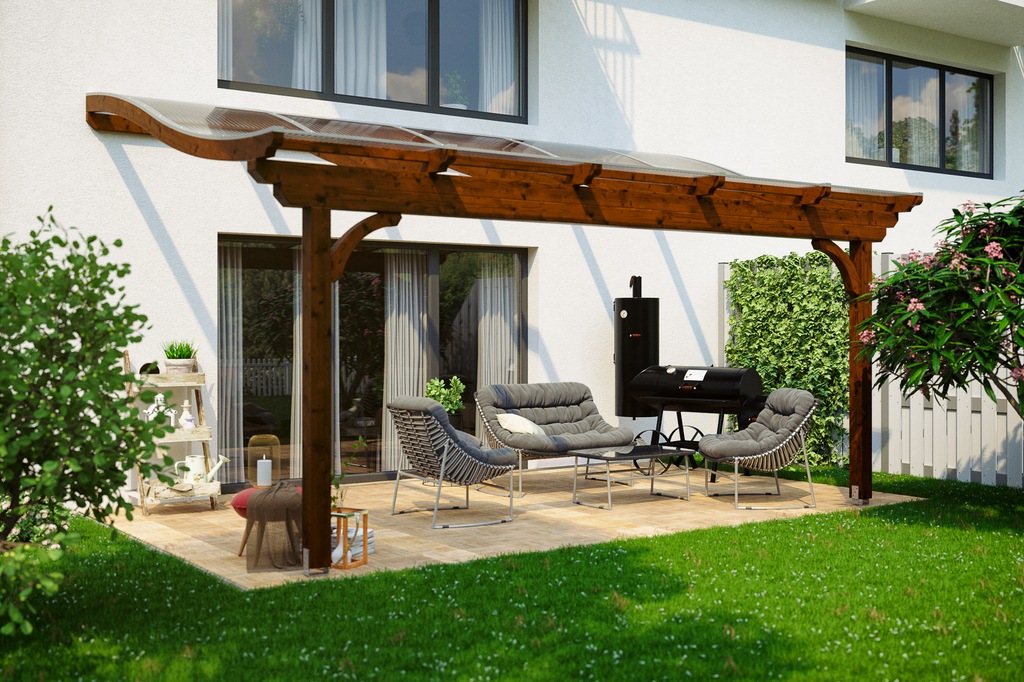 Skan Holz Terrassenüberdachung Verona 541 x 389 cm Leimholz Nussbaum günstig online kaufen