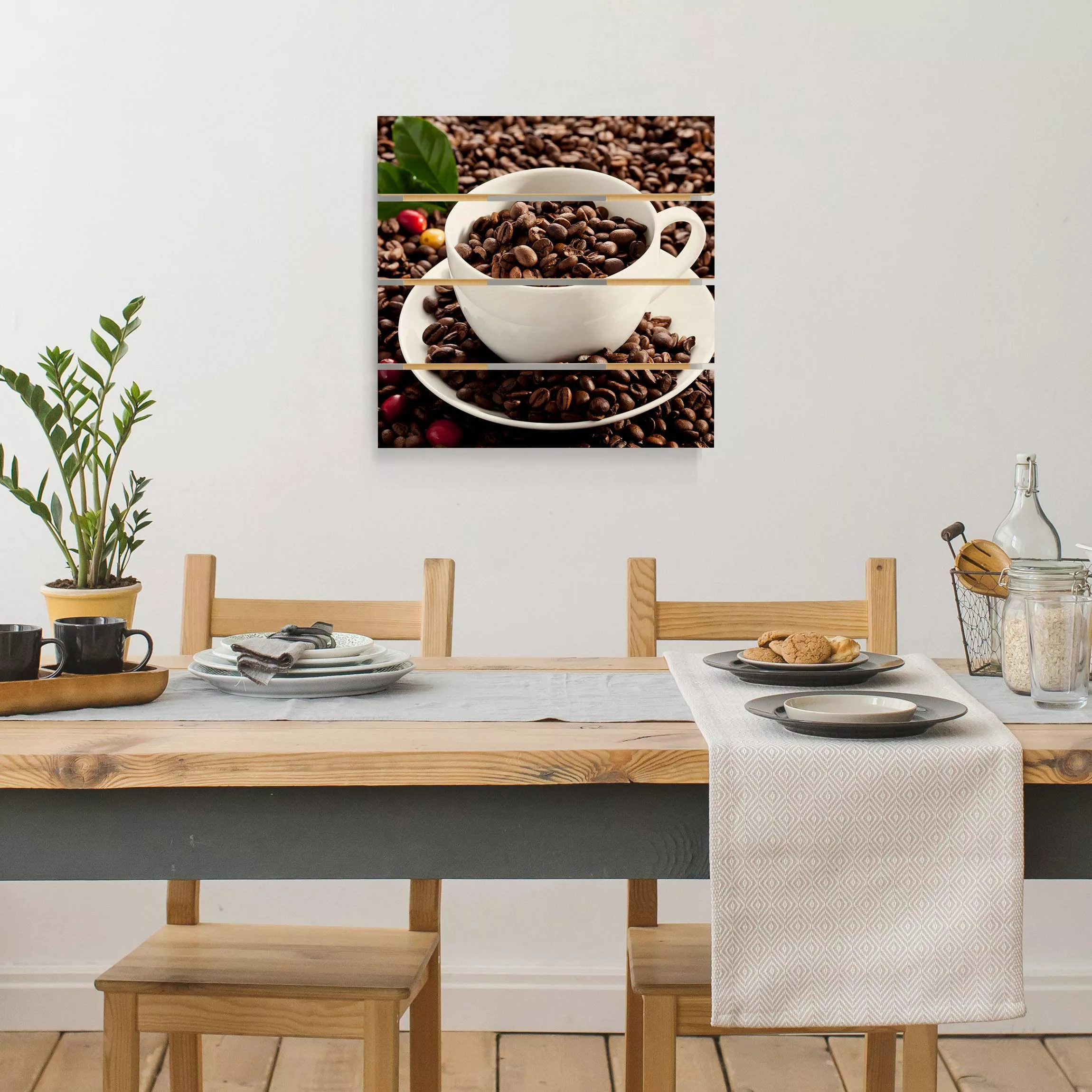 Holzbild Plankenoptik Küche - Quadrat Kaffeetasse mit gerösteten Kaffeebohn günstig online kaufen