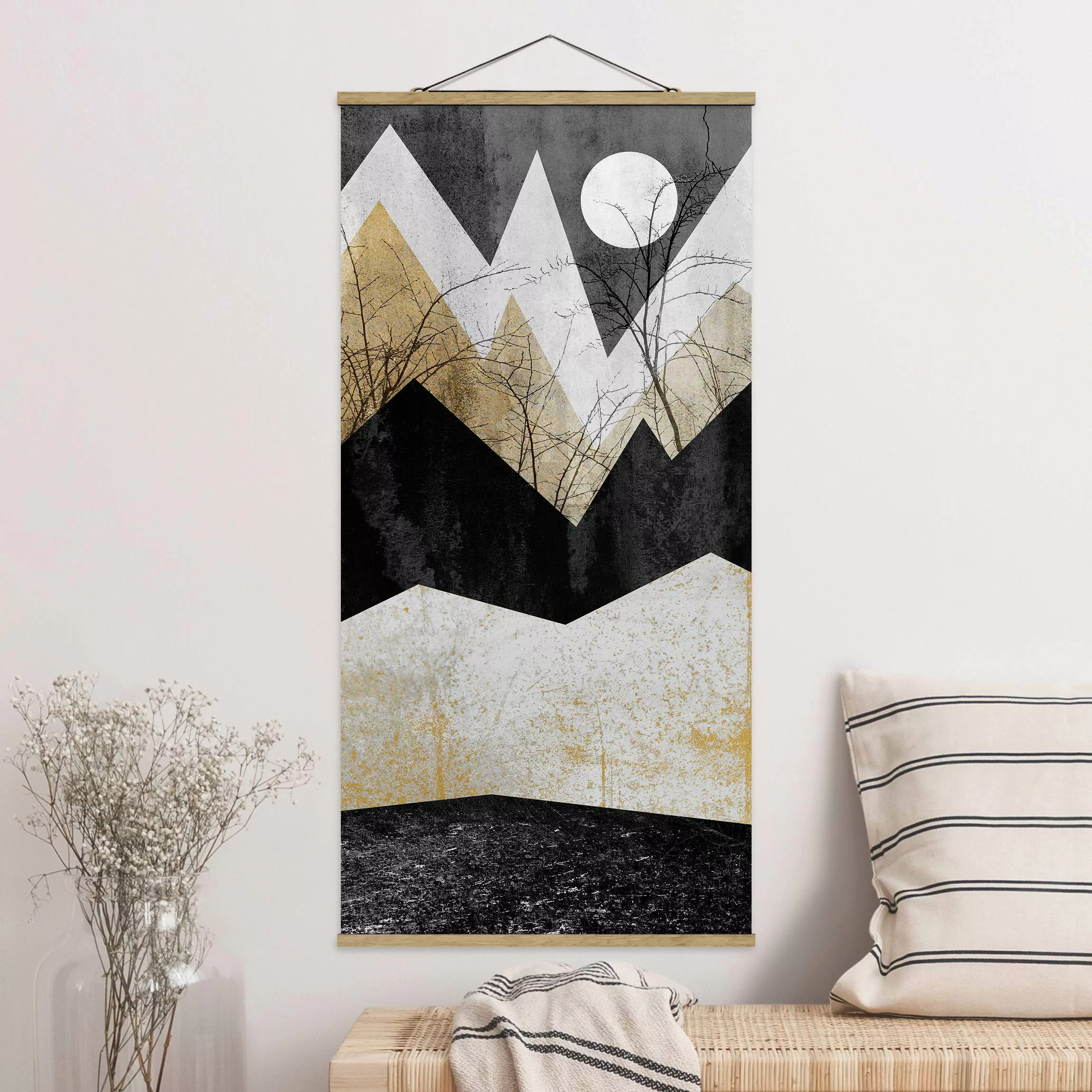 Stoffbild Abstrakt mit Posterleisten - Hochformat Goldene Berge Äste günstig online kaufen