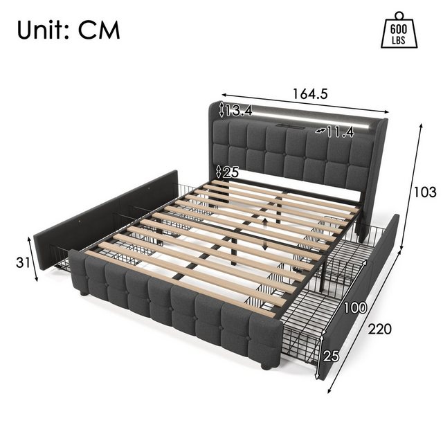 FUROKOY Polsterbett Polsterbett mit Ladefunktion(2 USB + 2 Steckdosen),LED- günstig online kaufen