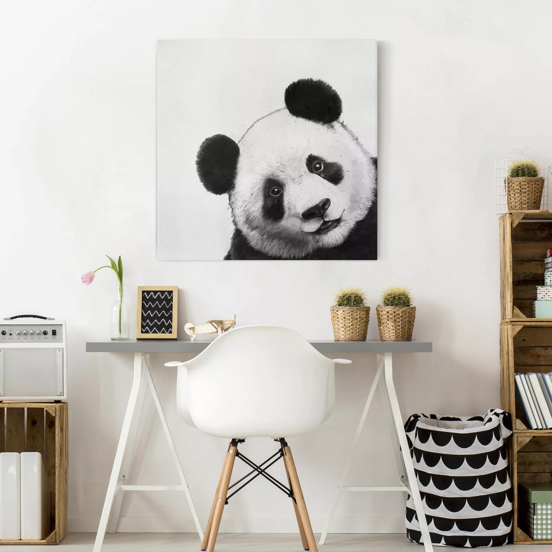 Leinwandbild Tiere - Quadrat Illustration Panda Schwarz Weiß Malerei günstig online kaufen