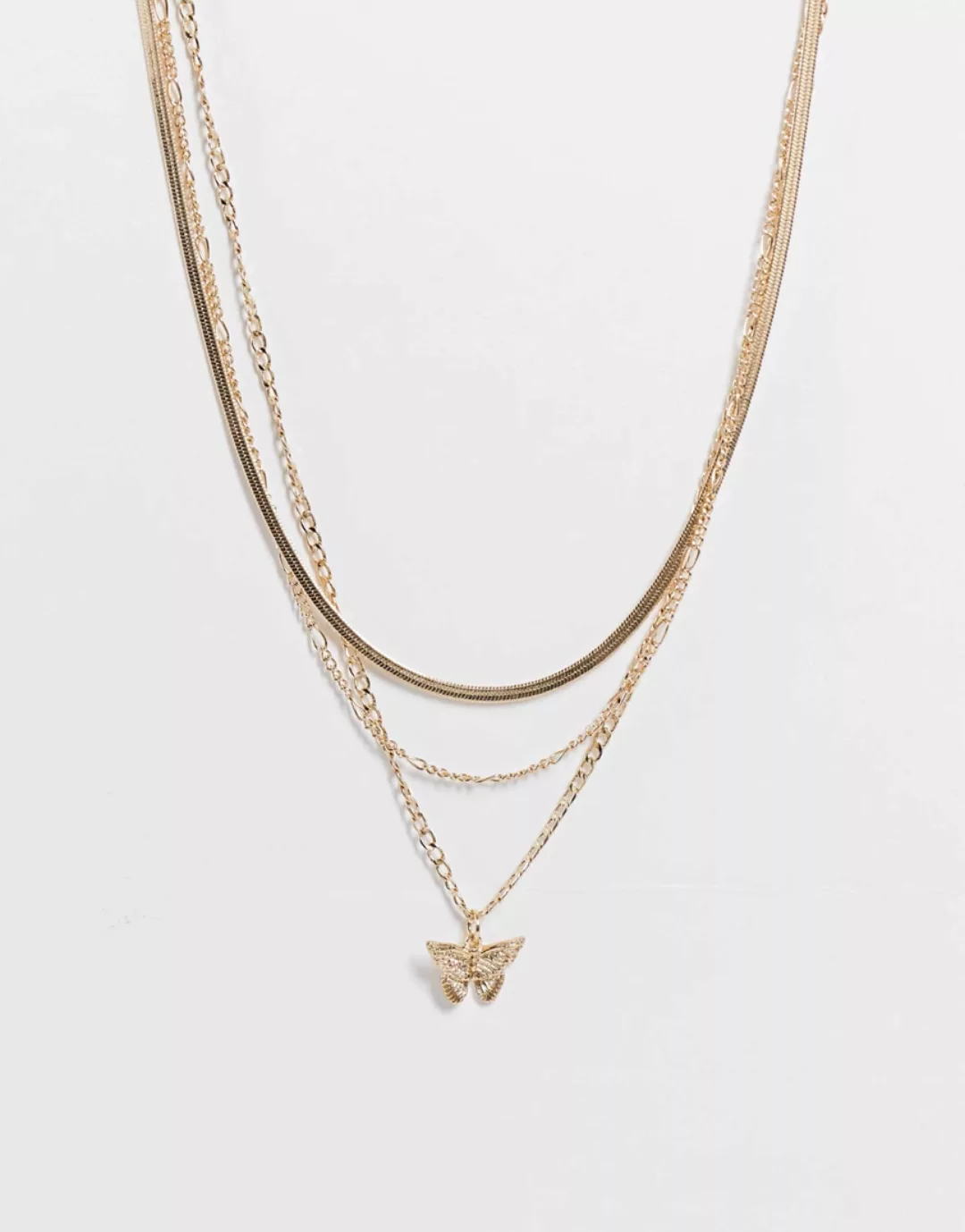 Topshop – Mehrreihige Halskette mit Schmetterlingsanhänger in Goldoptik-Gol günstig online kaufen