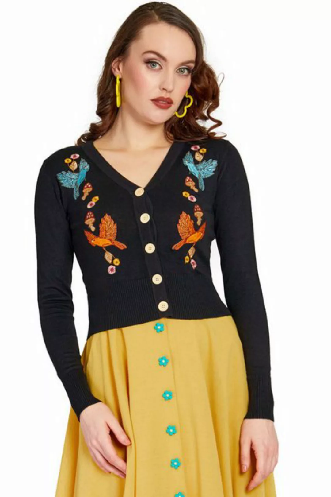 Voodoo Vixen Strickjacke Black Woodland Cardigan Retro Vintage Blumen Vögel günstig online kaufen