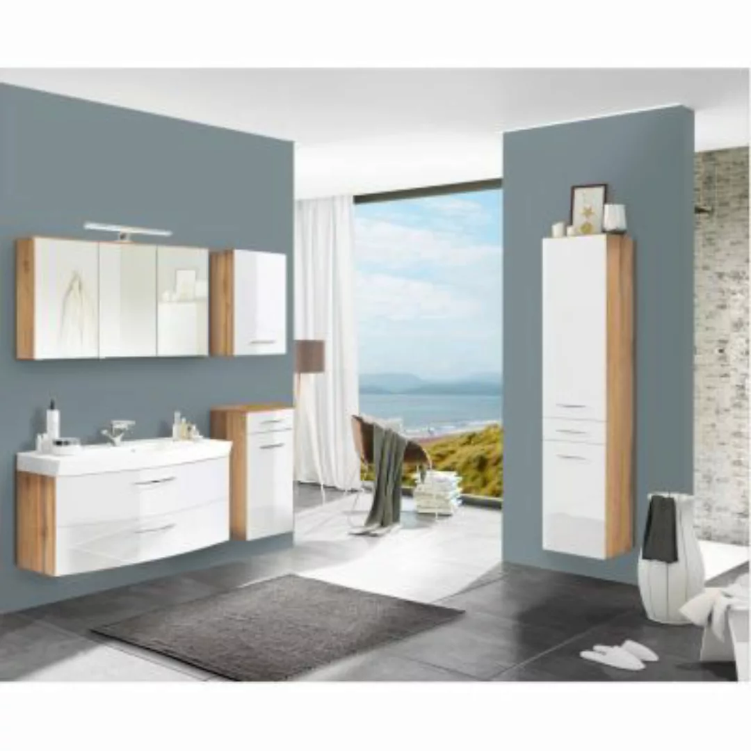 Lomadox Badezimmermöbel Set mit 120cm Waschbecken FLORIDO-03-OAK weiß Hochg günstig online kaufen