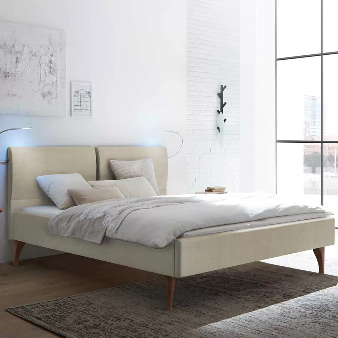 Doppel Bett Stoff Skandi Stil in Beige Vierfußgestell aus Holz günstig online kaufen