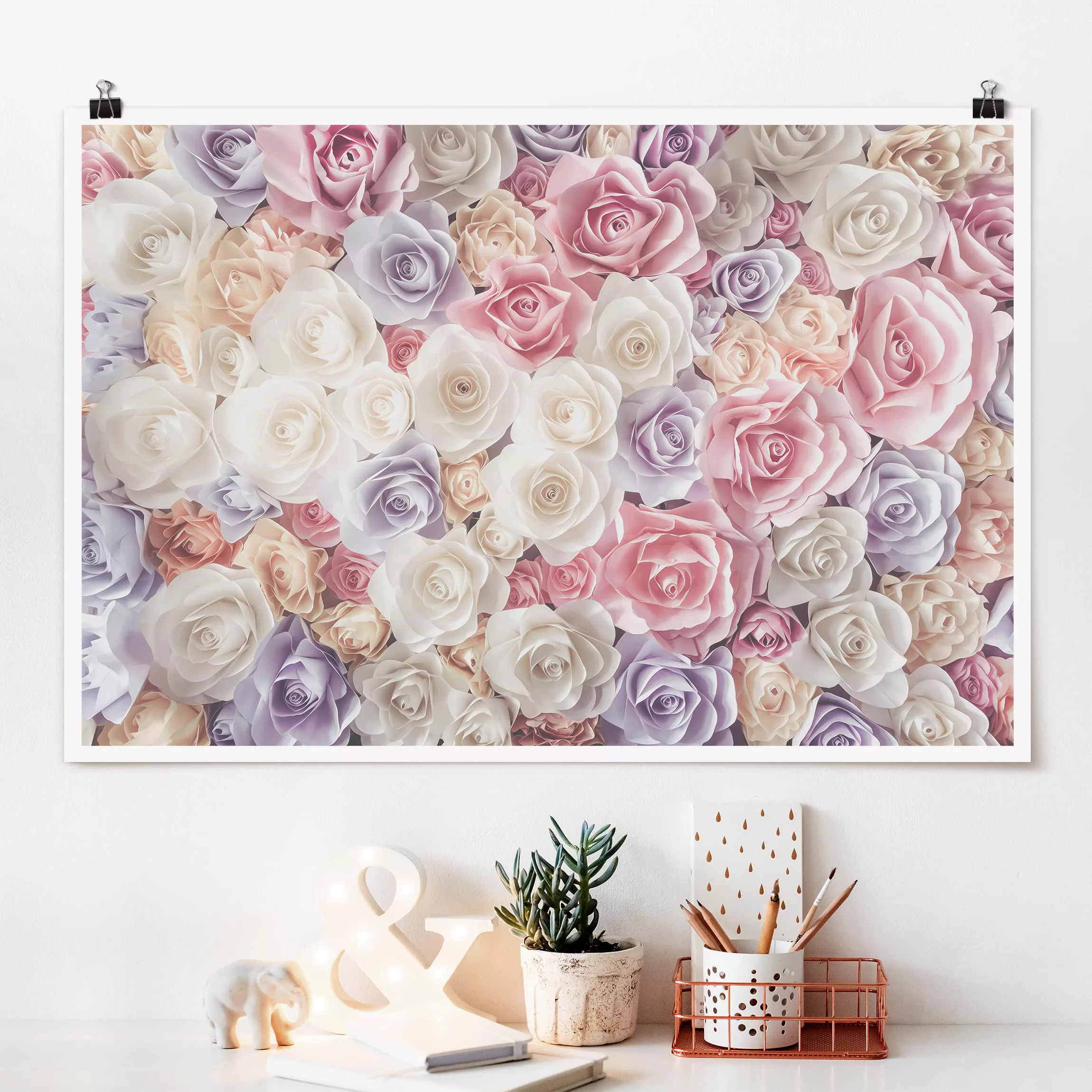 Poster Blumen - Querformat Pastell Paper Art Rosen günstig online kaufen