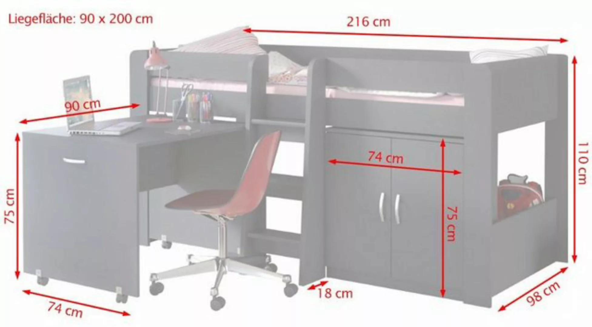 Feldmann-Wohnen Hochbett Funky IV (1-St) 216x116x110cm, Schreibtisch auszie günstig online kaufen