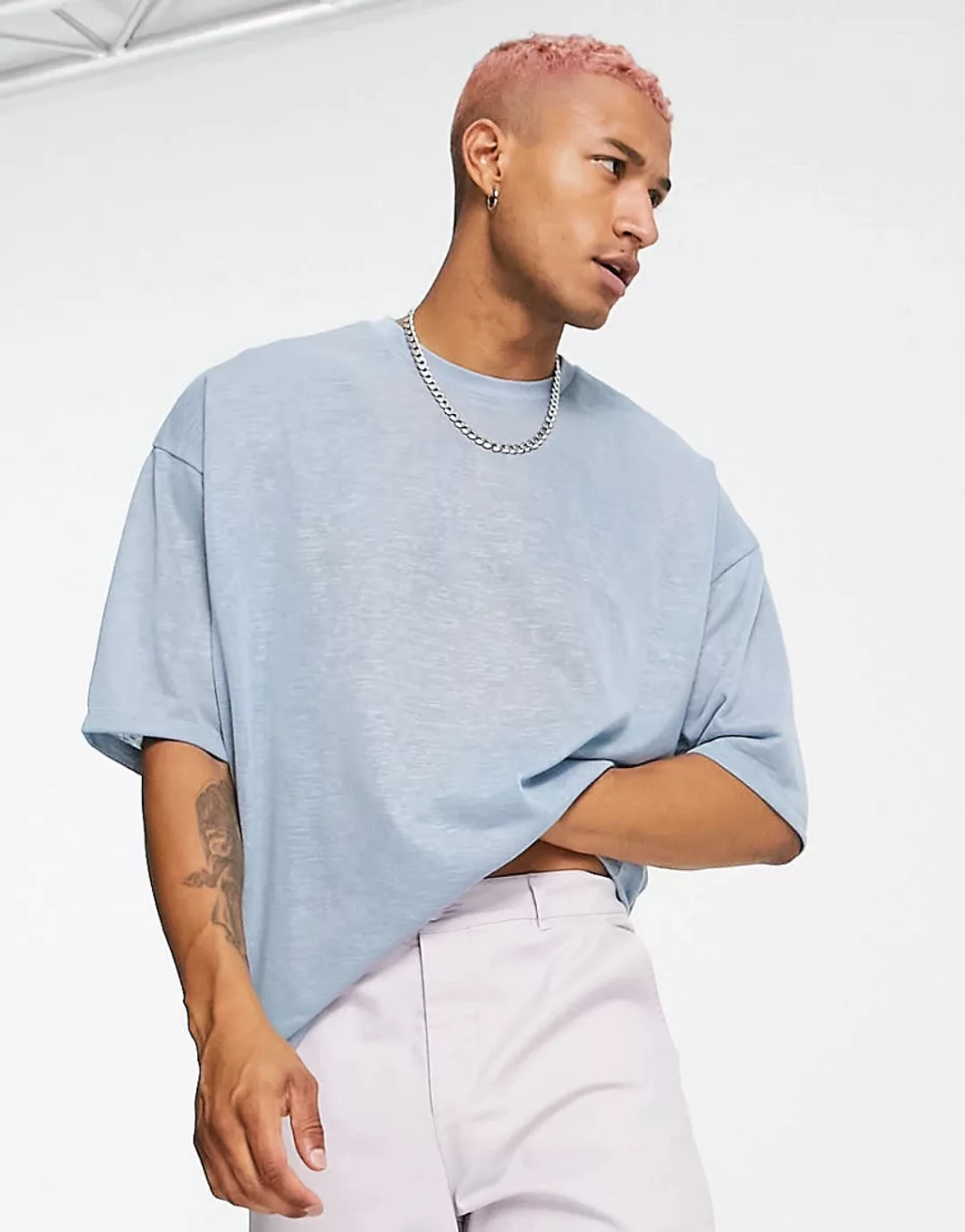 ASOS DESIGN – Oversize-T-Shirt in Leinenoptik mit halblangen Ärmeln in Hell günstig online kaufen