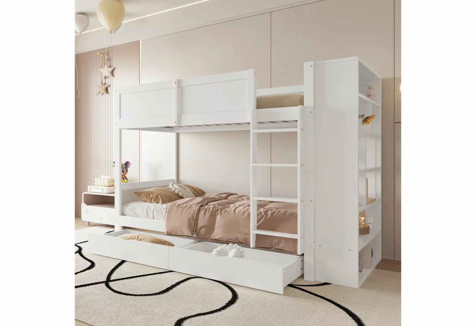 Flieks Etagenbett, Massivholz Kinderbett 90x200cm mit Seitenschrank und 2 S günstig online kaufen