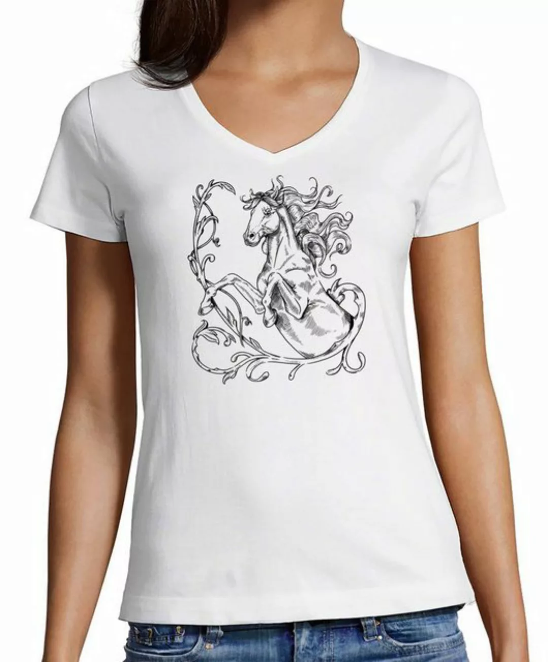 MyDesign24 T-Shirt Damen Pferde Print Shirt - Springendes Pferd mit Ranken günstig online kaufen