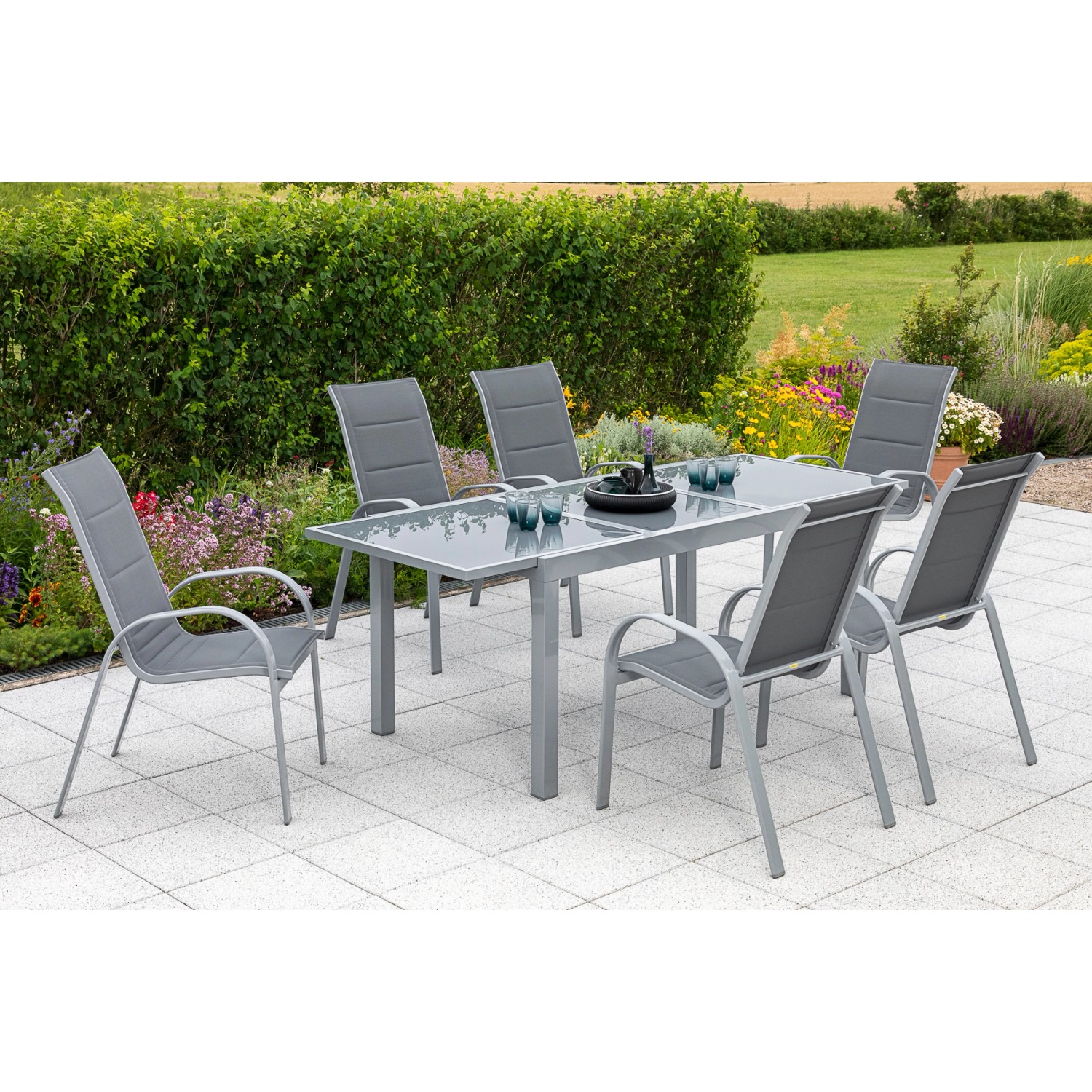 Merxx Amalfi Set 7 -tlg. 6 Stapelsessel Gartentisch 140 (200) x 90 cm Grau günstig online kaufen