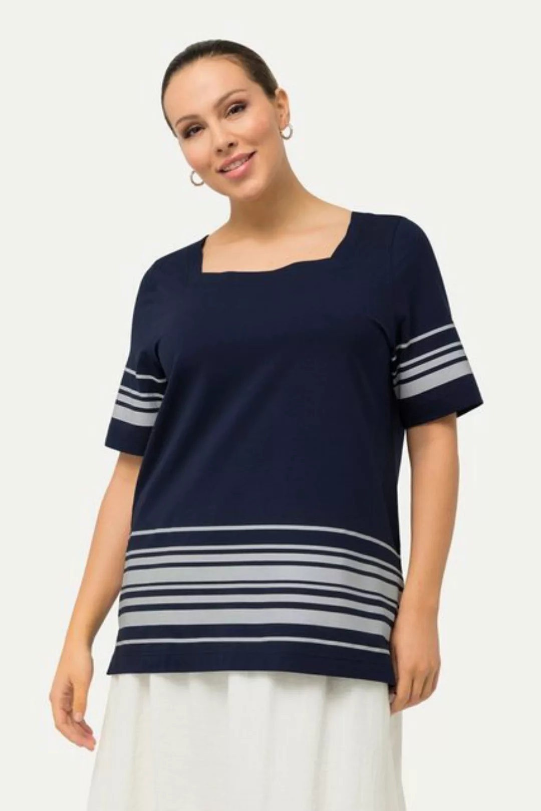 Ulla Popken Rundhalsshirt T-Shirt Streifen A-Linie Carree-Ausschnitt Halbar günstig online kaufen