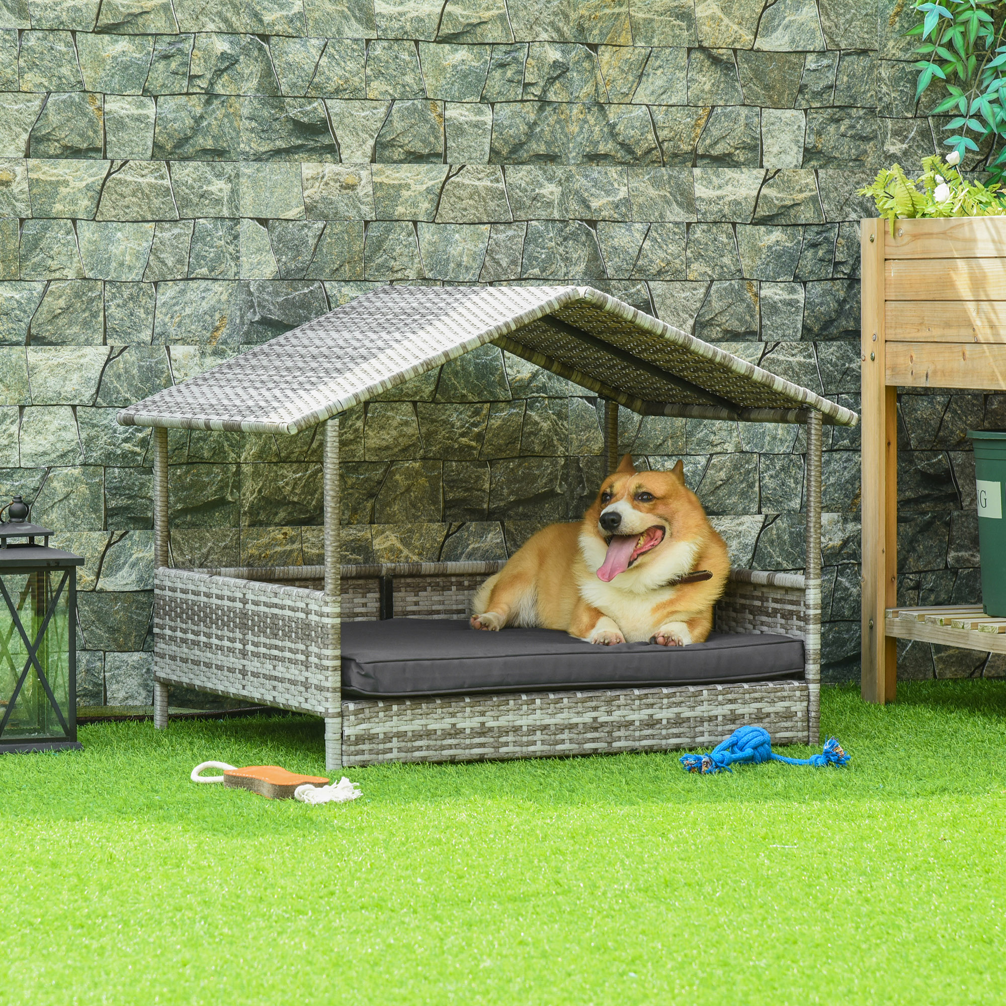 PawHut Rattan Hundehaus mit Kissen, Hundebett im Hausform, Outdoor Hundehüt günstig online kaufen