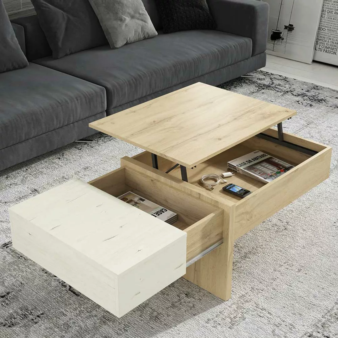 Wohnzimmer Tisch in Creme Weiß und Wildeiche Optik höhenverstellbar günstig online kaufen