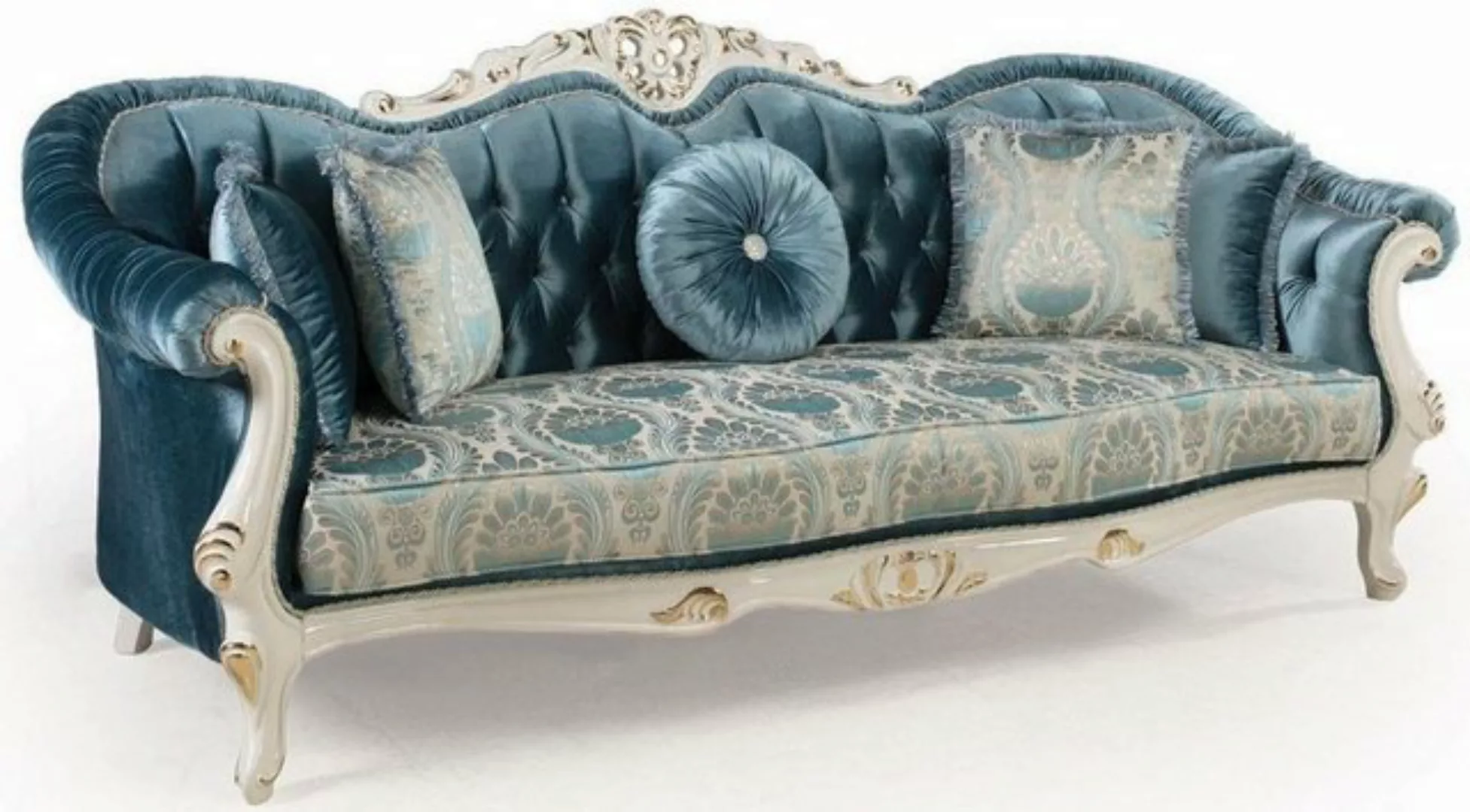 Casa Padrino Sofa Luxus Barock Wohnzimmer Sofa mit Kissen Blau / Weiß / Gol günstig online kaufen