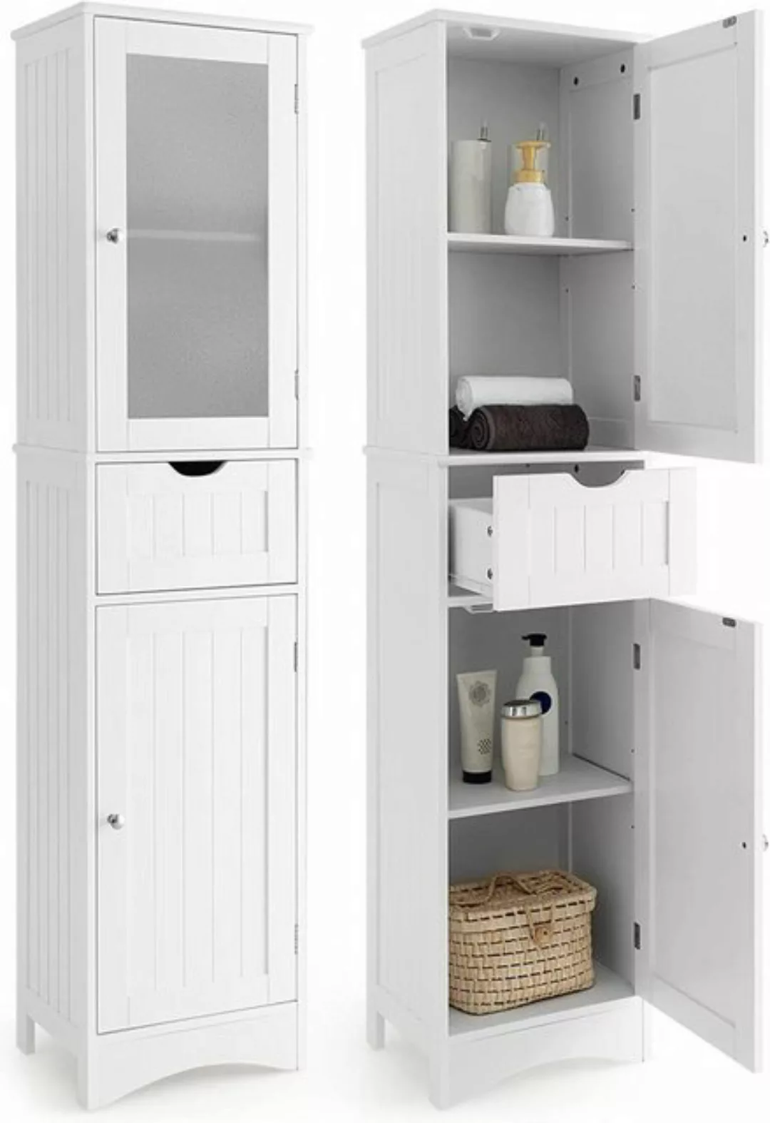 COSTWAY Hochschrank ad,mit Schublade, 4 Fächern & Glastür,schmal,Holz,170cm günstig online kaufen