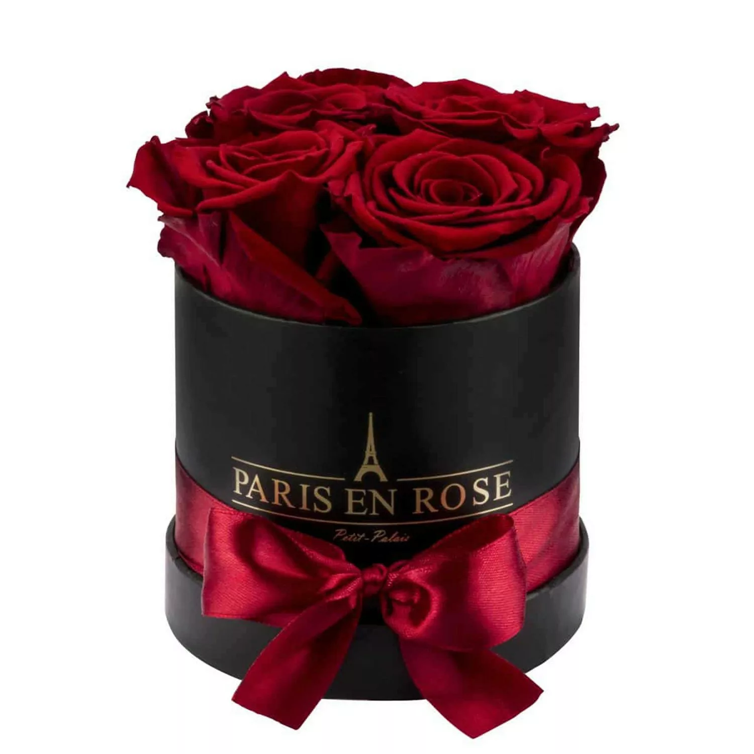 Rosenbox Ø 10 cm Schwarz mit Schleife und 4 Bordeaux Rosen günstig online kaufen