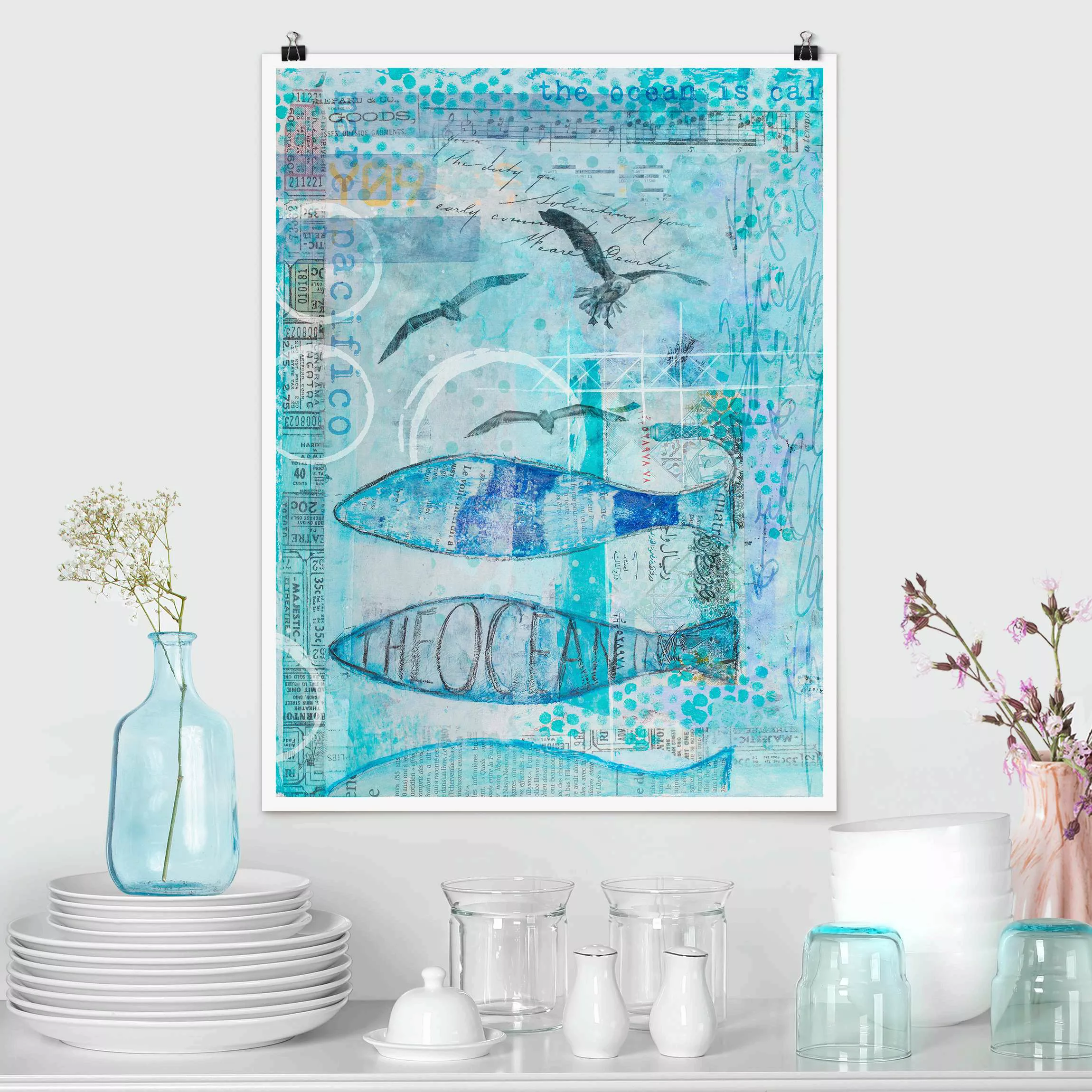 Poster Bunte Collage - Blaue Fische günstig online kaufen