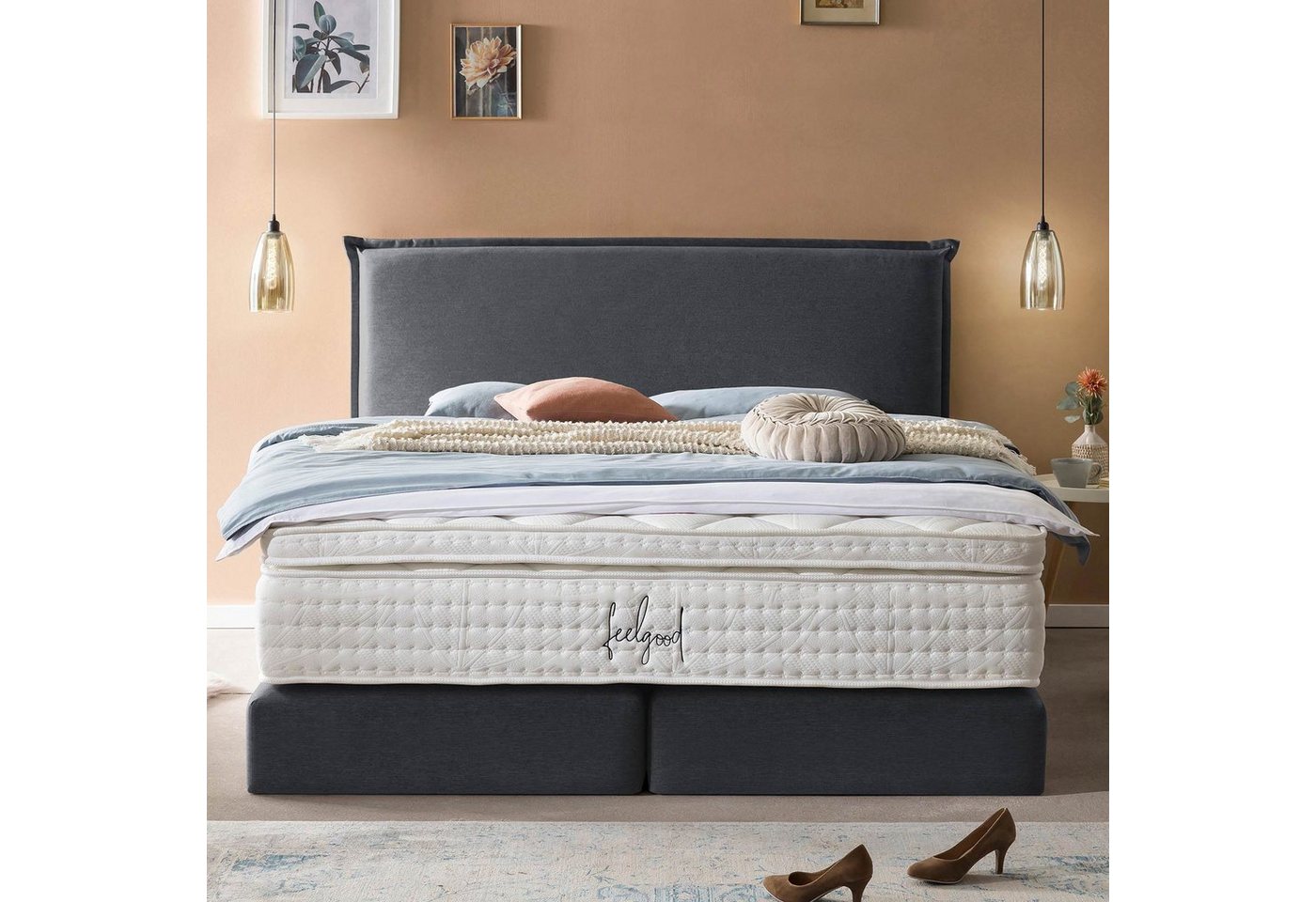 BettCo Boxspringbett London (in Anthrazit Webstoff, 200 x 200 cm), Kopfteil günstig online kaufen