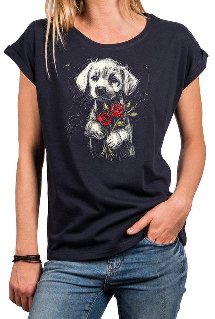 MAKAYA Kurzarmshirt mit Hundemotiv für Damen Rosen Blumen Hunde Aufdruck (S günstig online kaufen