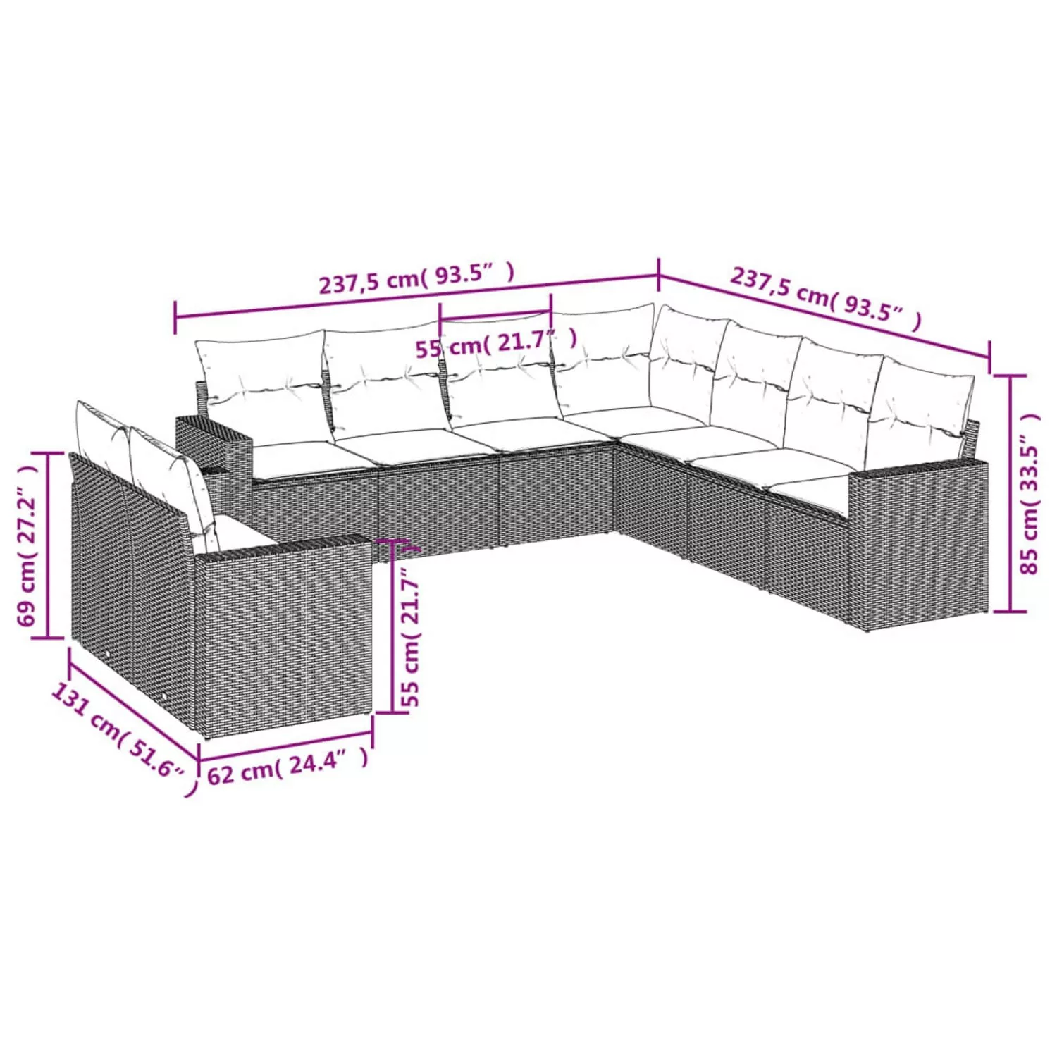 vidaXL 9-tlg Garten-Sofagarnitur mit Kissen Schwarz Poly Rattan Modell 58 günstig online kaufen