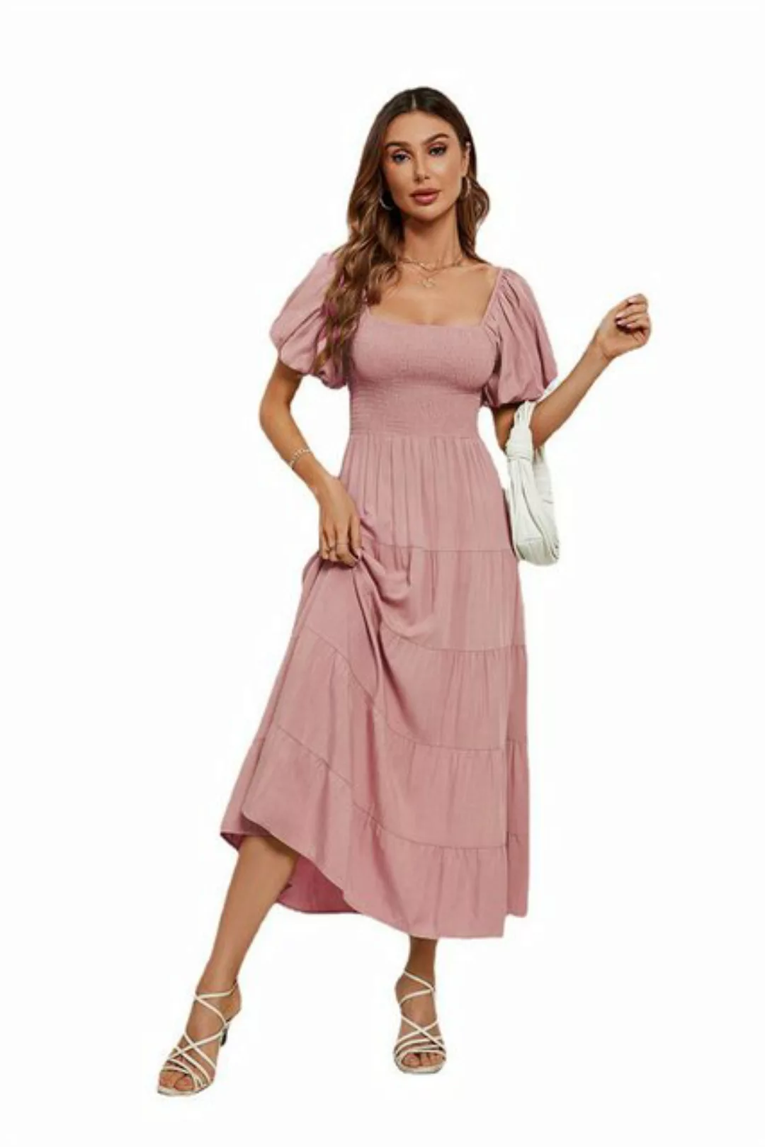 RUZU UG Dirndl Einfarbiges Sommerkleid mit hoher Taille und Puffärmeln für günstig online kaufen