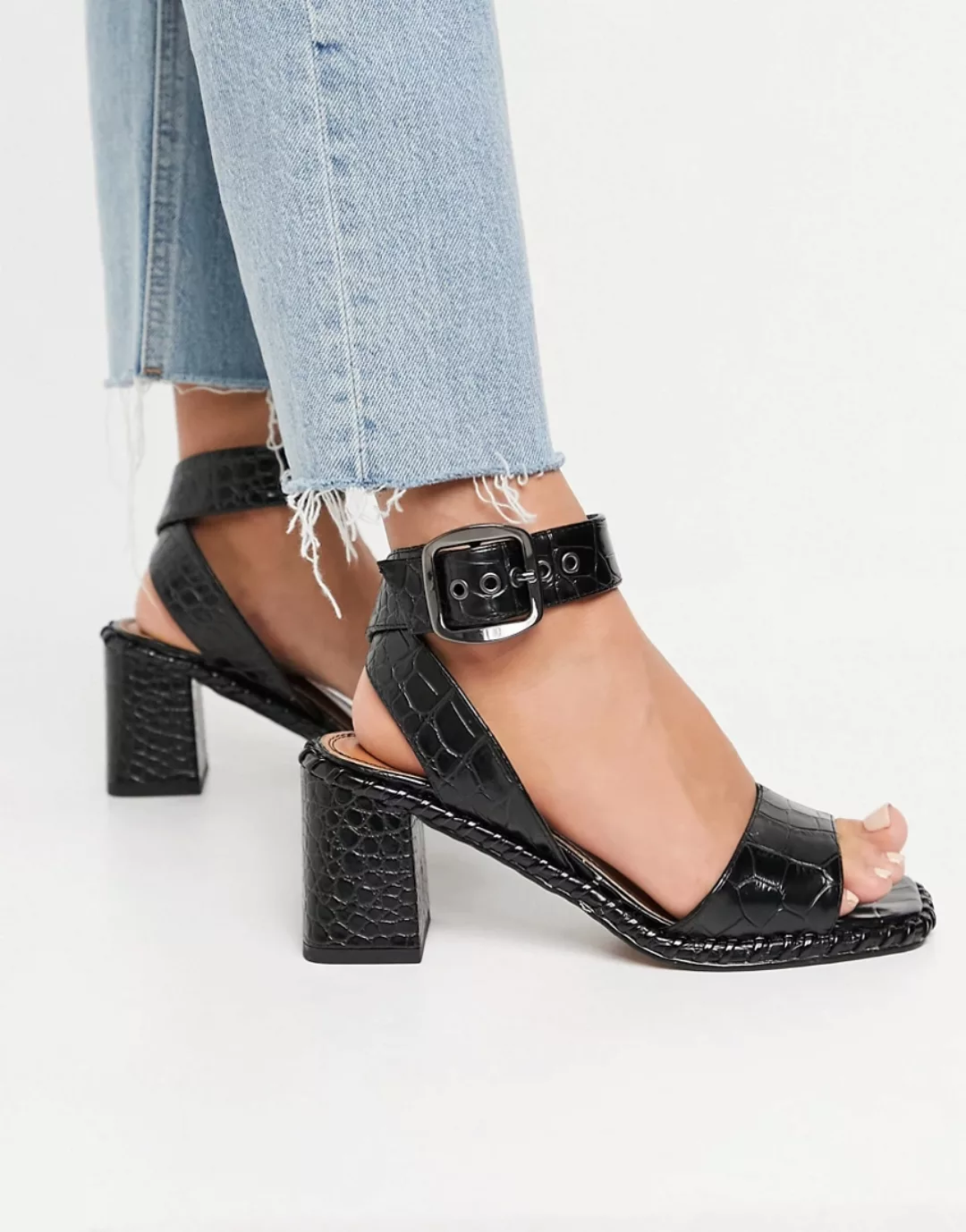 ASOS DESIGN – Harvest – Sandalen mit mittelhohem Blockabsatz in Schwarz günstig online kaufen