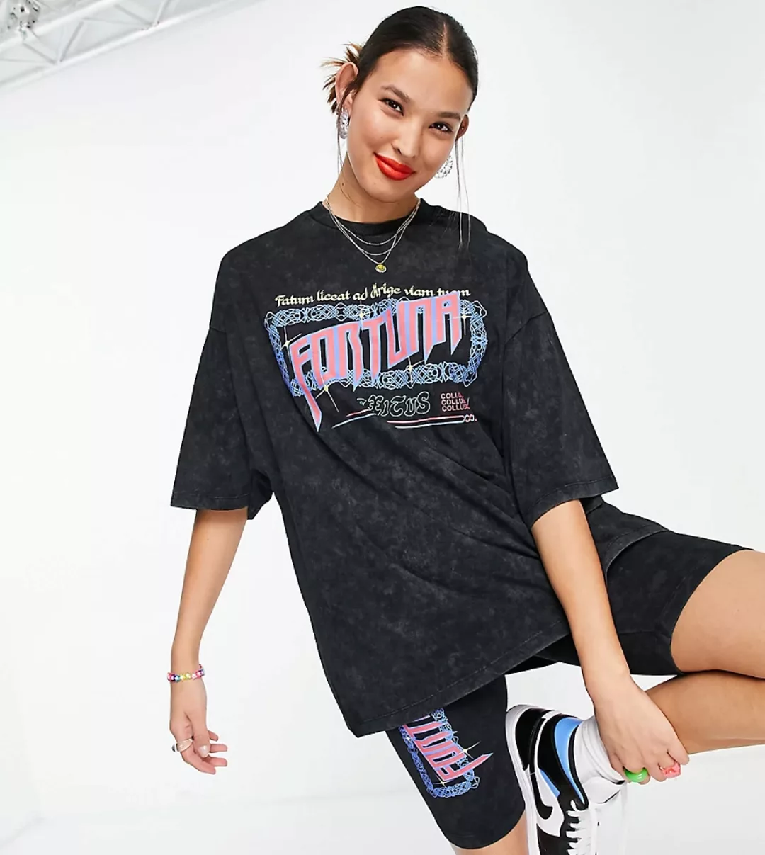 COLLUSION – T-Shirt mit Fortuna-Grafik und Acid-Waschung in Grau, Kombiteil günstig online kaufen