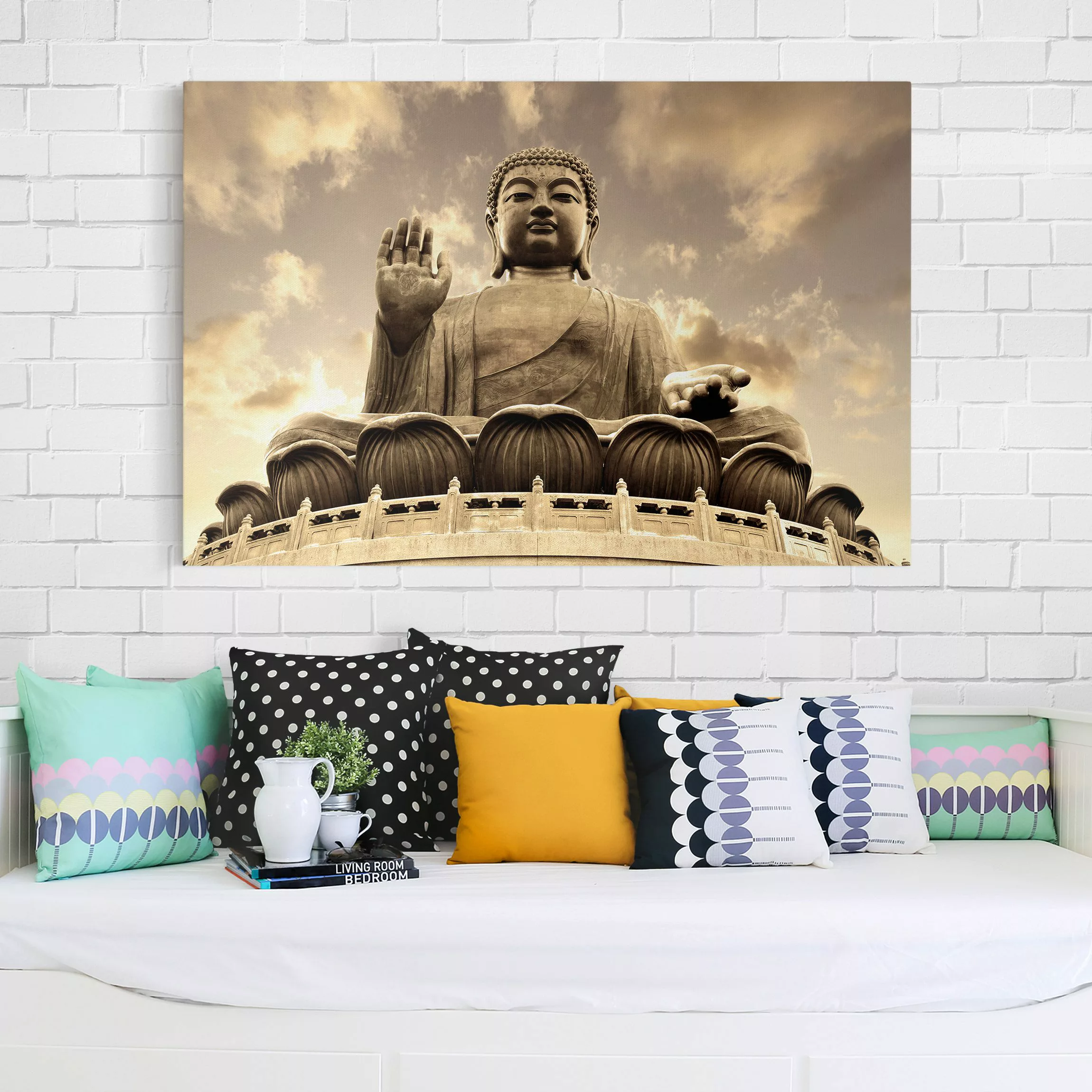 Leinwandbild Buddha - Querformat Großer Buddha Sepia günstig online kaufen