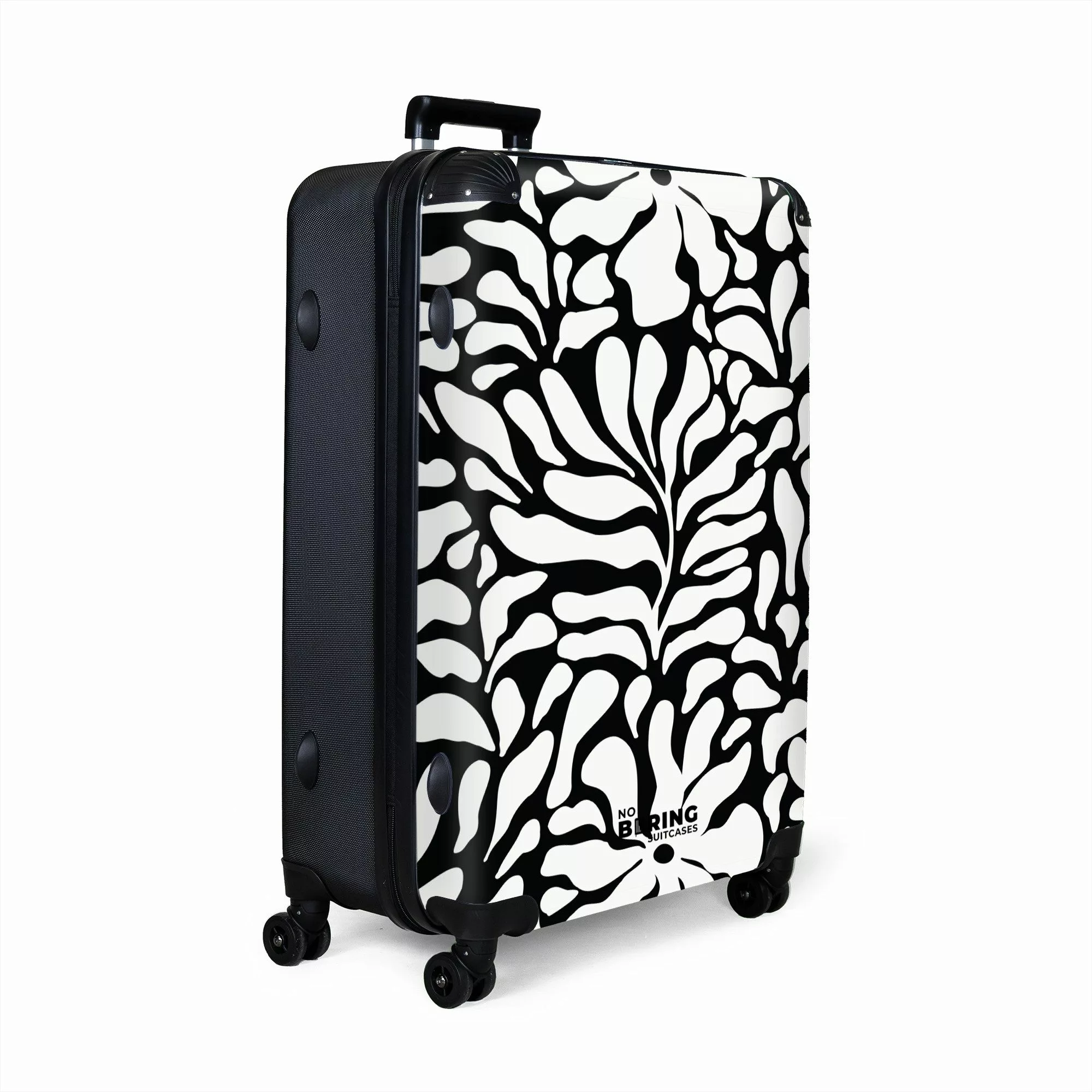 NoBoringSuitcases.com© Hartschalen-Trolley Schwarz mit weißen Blumen günstig online kaufen