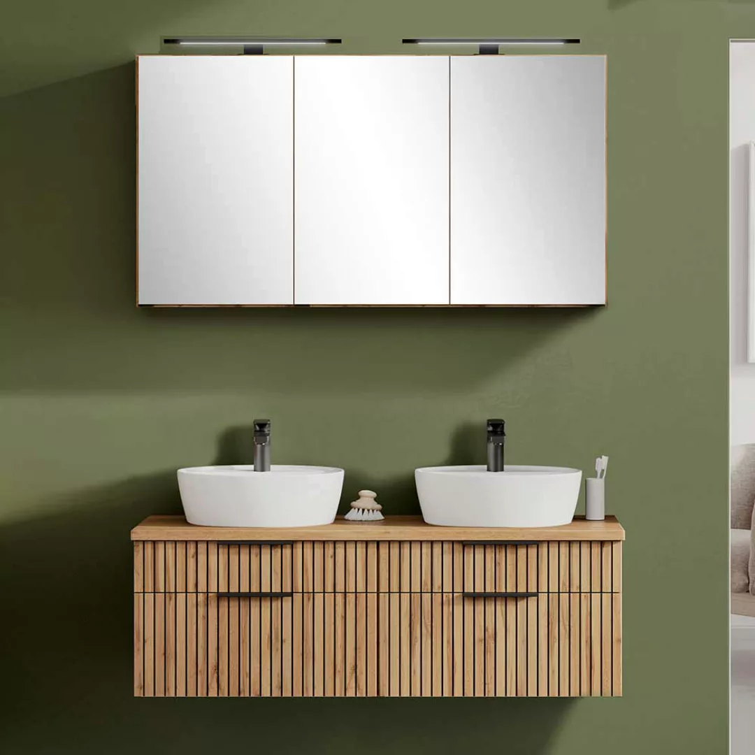 Waschplatz Set mit zwei Becken in Wildeichefarben 120 cm breit (zweiteilig) günstig online kaufen
