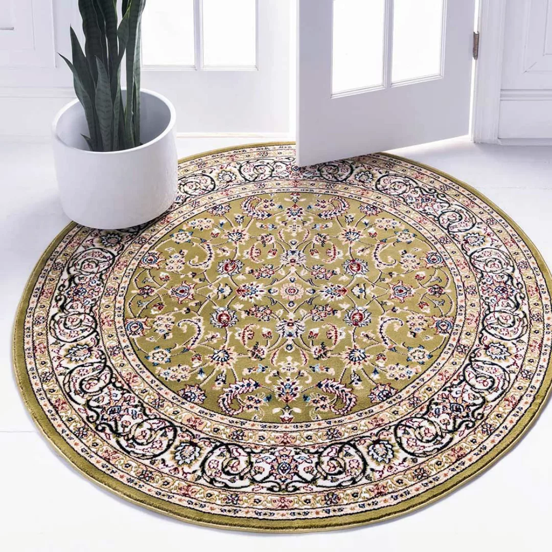 Orient Stil Teppich Oliv Grün aus Kurzflor 150 cm Durchmesser günstig online kaufen