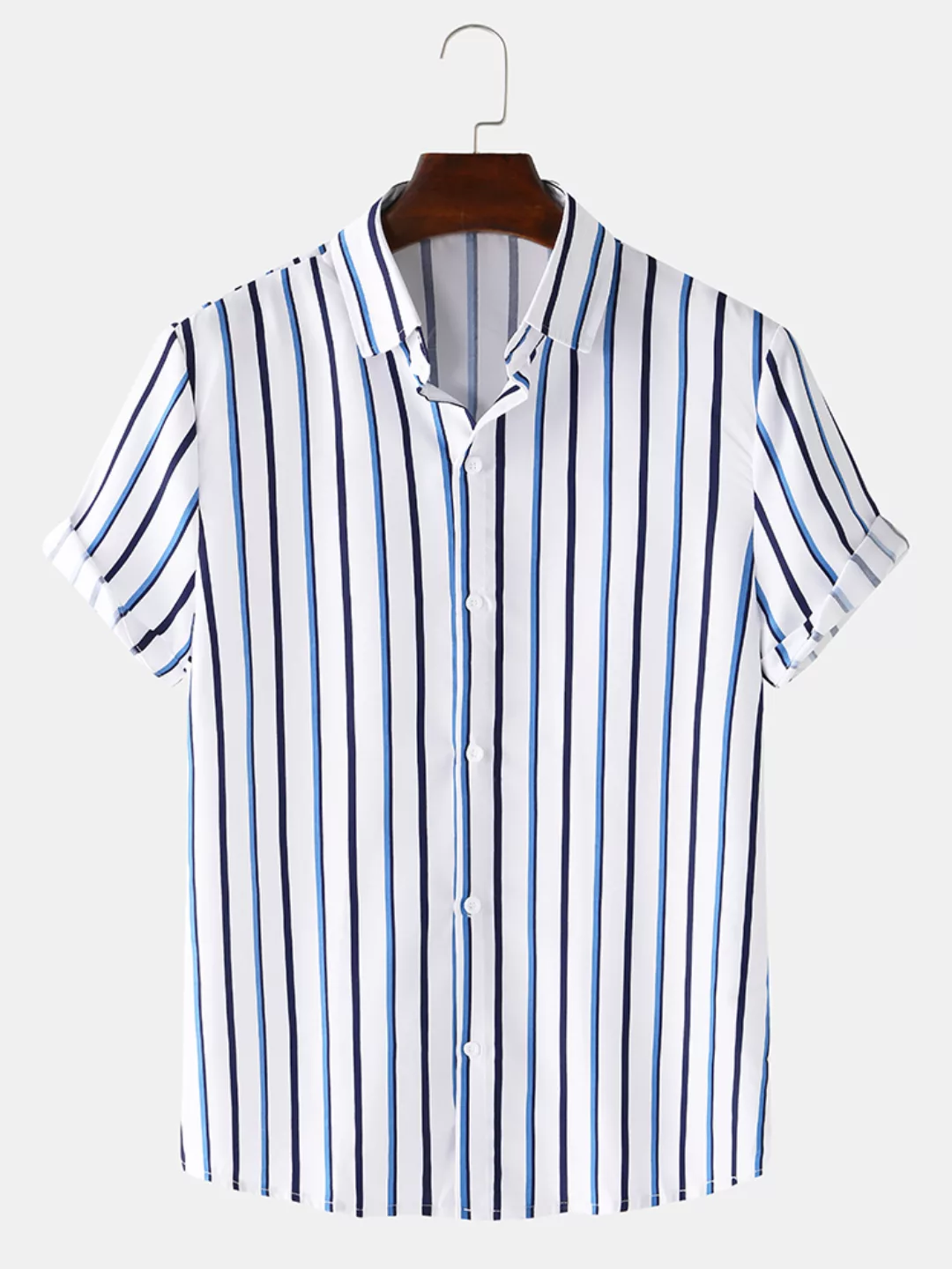 Mens Basic Vertical Stripes Print Atmungsaktive lässige Sommer-Kurzarmhemde günstig online kaufen