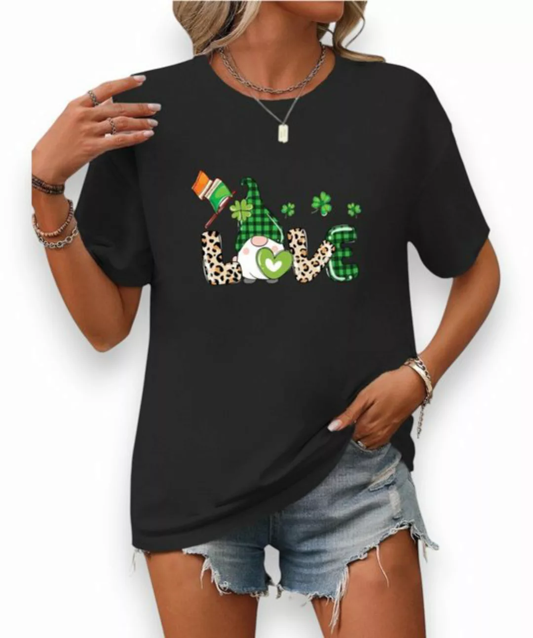 PYL Kurzarmshirt Damen Sommer Casual Valentinstag Oversize-Shirt Kurzarm Lo günstig online kaufen