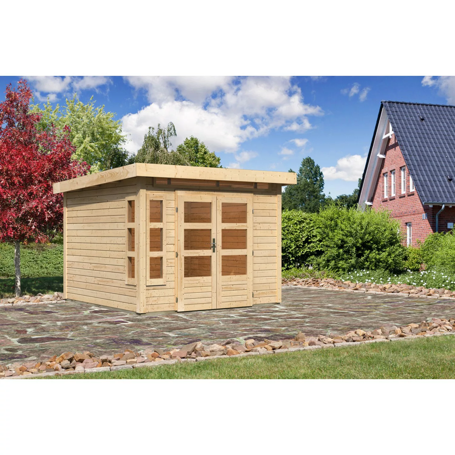 Karibu Holz-Gartenhaus Kastberg Naturbelassen Flachdach 270 cm x 270 cm günstig online kaufen