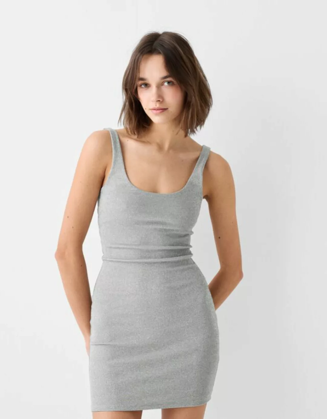 Bershka Glitzerndes Mini-Trägerkleid Damen S Silber günstig online kaufen