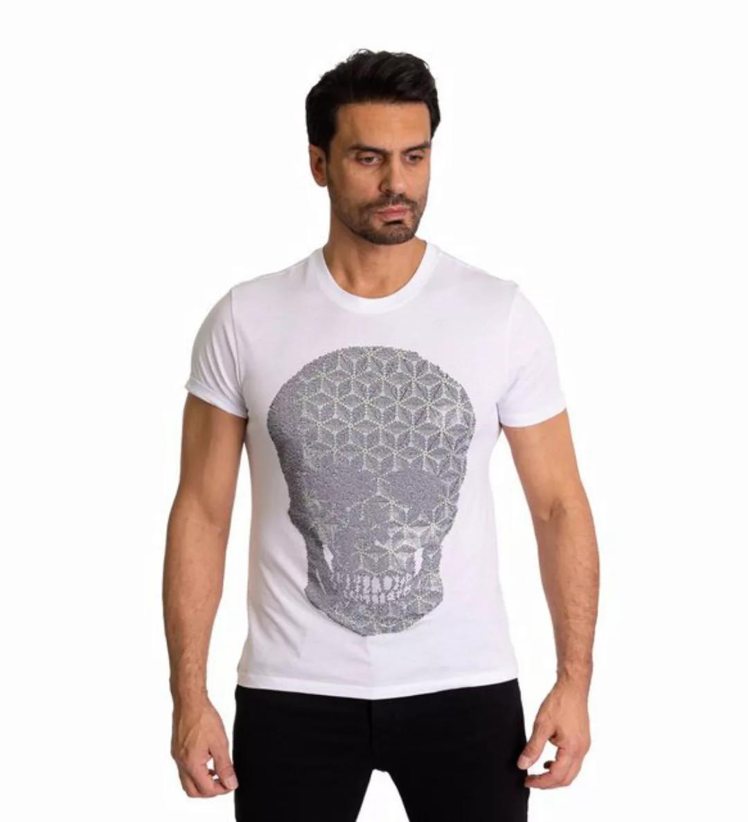 TRUENO T-Shirt Herren Strass T-Shirt mit Totenkopf Weiß XL günstig online kaufen