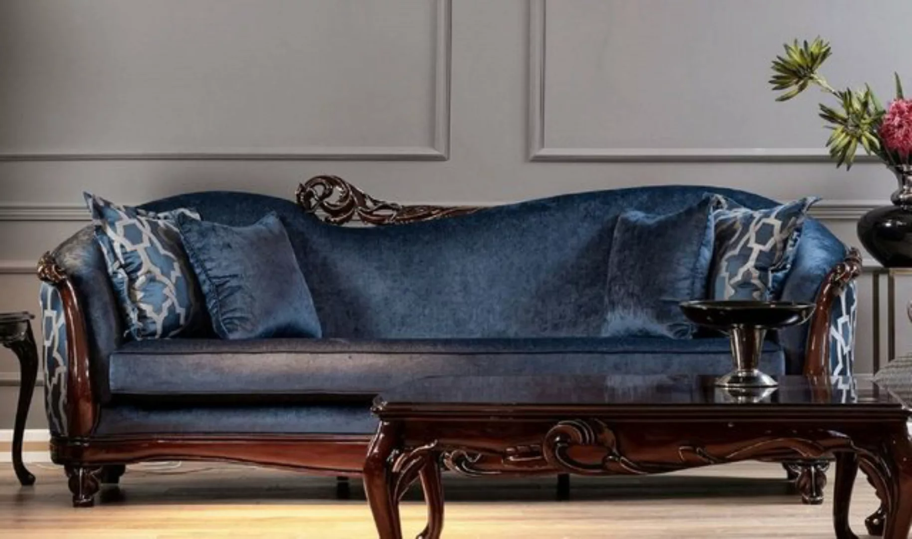 Casa Padrino Sofa Luxus Barock Sofa Blau / Dunkelbraun / Gold - Handgeferti günstig online kaufen