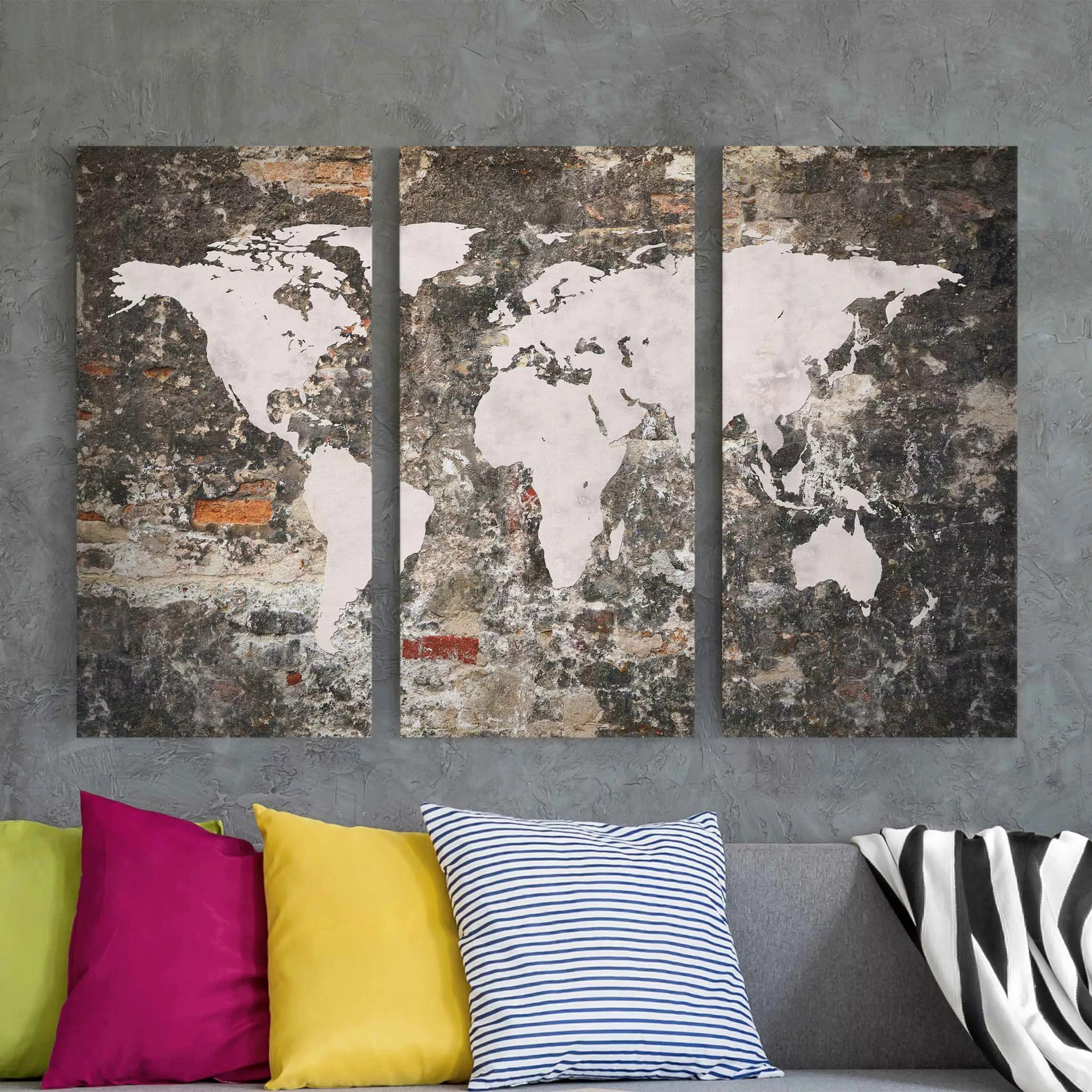 3-teiliges Leinwandbild Weltkarte - Querformat Alte Mauer Weltkarte günstig online kaufen