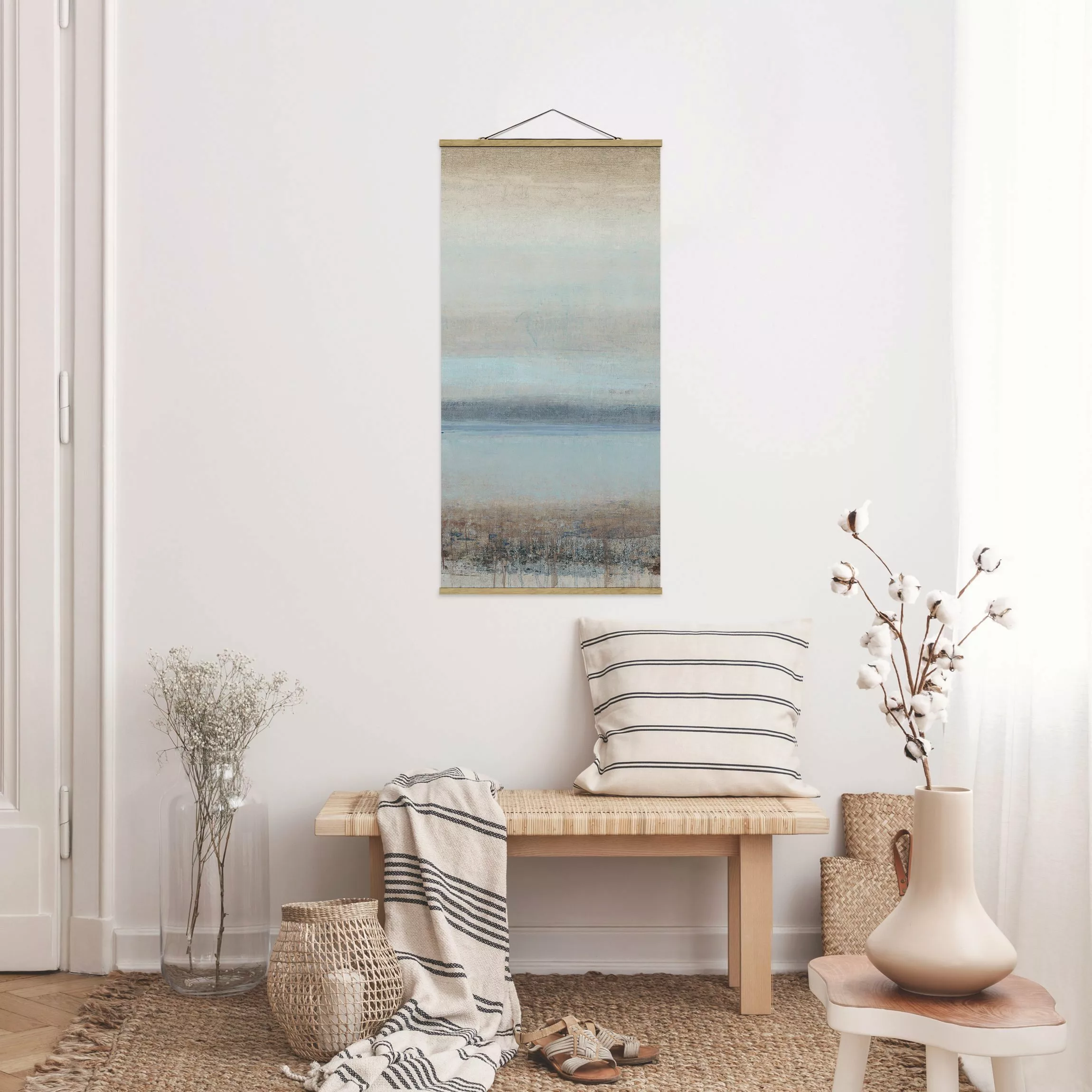 Stoffbild Abstrakt mit Posterleisten - Hochformat Horizont über Blau I günstig online kaufen