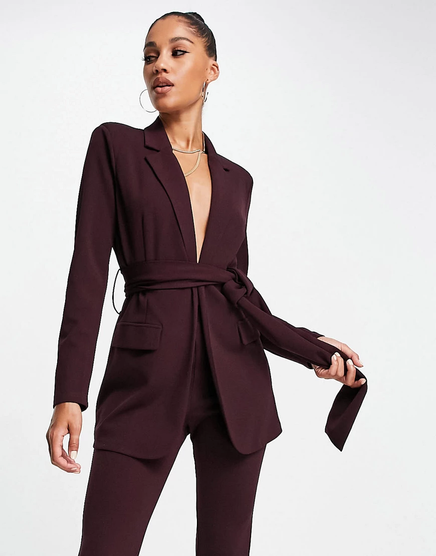 ASOS DESIGN – Anzugblazer aus Jersey in Weinrot mit Obi-Bindegürtel-Neutral günstig online kaufen