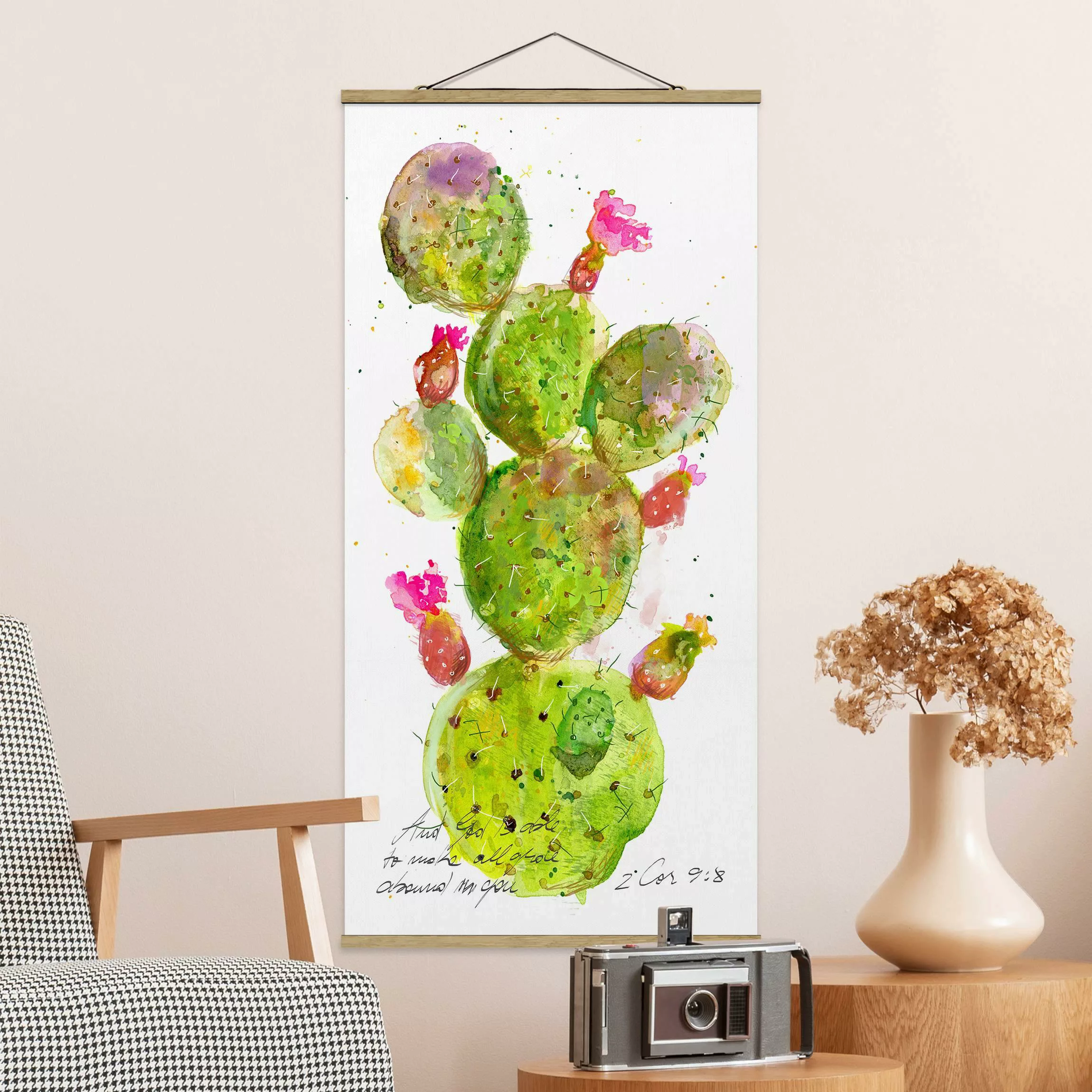 Stoffbild Blumen mit Posterleisten - Hochformat Kaktus mit Bibelvers III günstig online kaufen