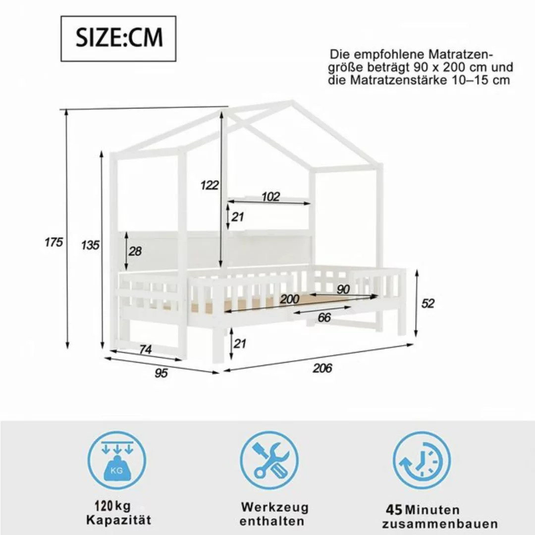 HAUSS SPLOE Kinderbett 90 x 200 cm Schlafsofa mit lustigem Dach und Sicherh günstig online kaufen